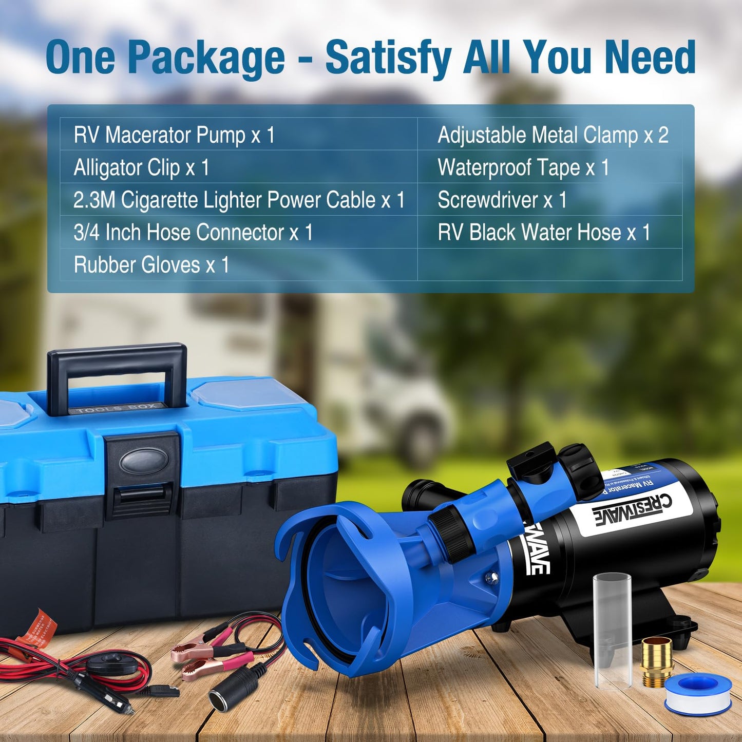 CrestWave RV Macerator Pump - Fast 4-Minute Emptying for RV & Boat Tanks | 12GPM, 10FT Lift | 12V 144W Copper Motor, SK5 Blades, Full Protection Kit | Hose Included