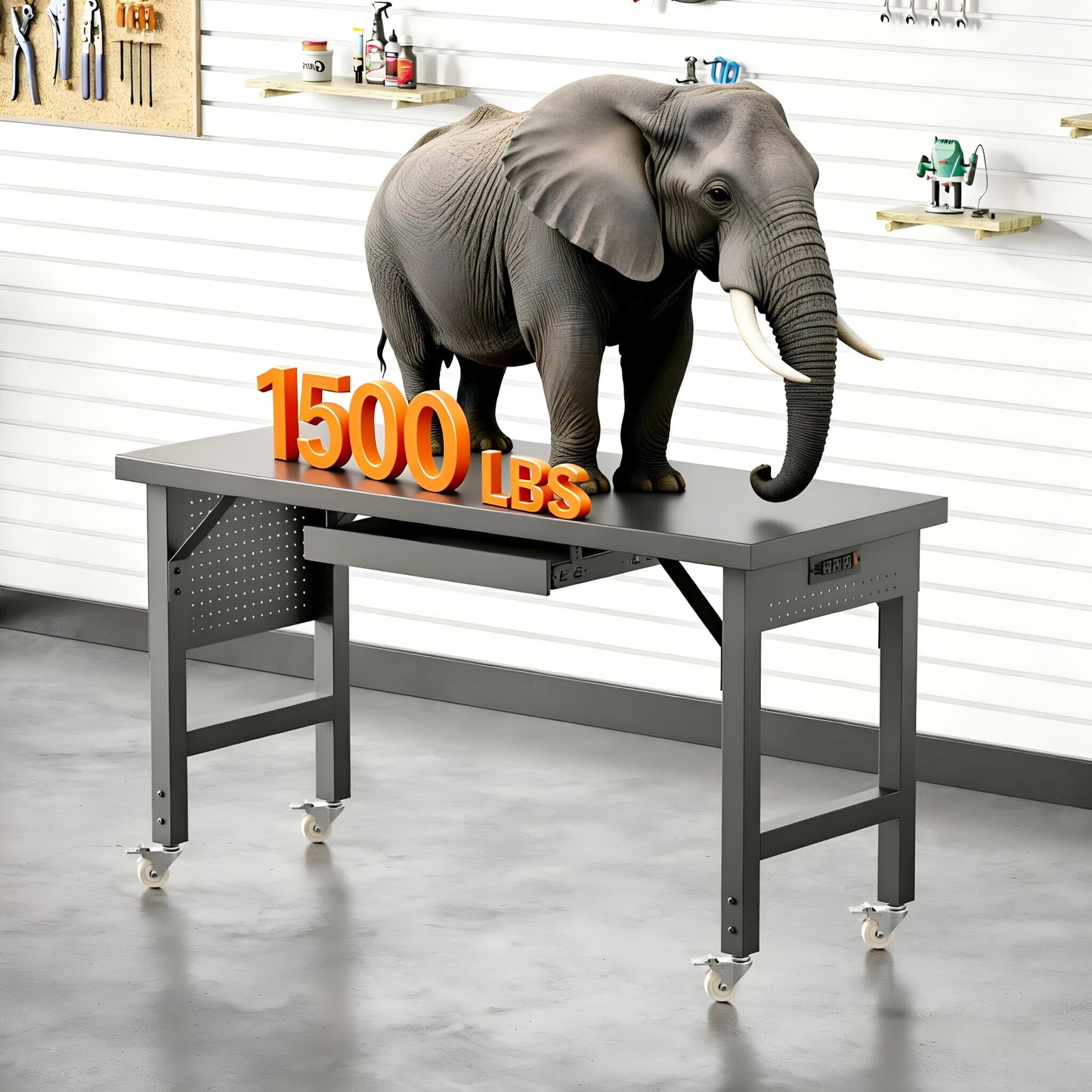 Heavy Duty Workbench Legs, 2000 LBS Load Metal Standing Desk Legs Height Adjustable 27.5“ to 40.5”, Features Lockable Wheels, Power Outlets, Pegboard and Drawers for Workshop, Office, Garage, Home