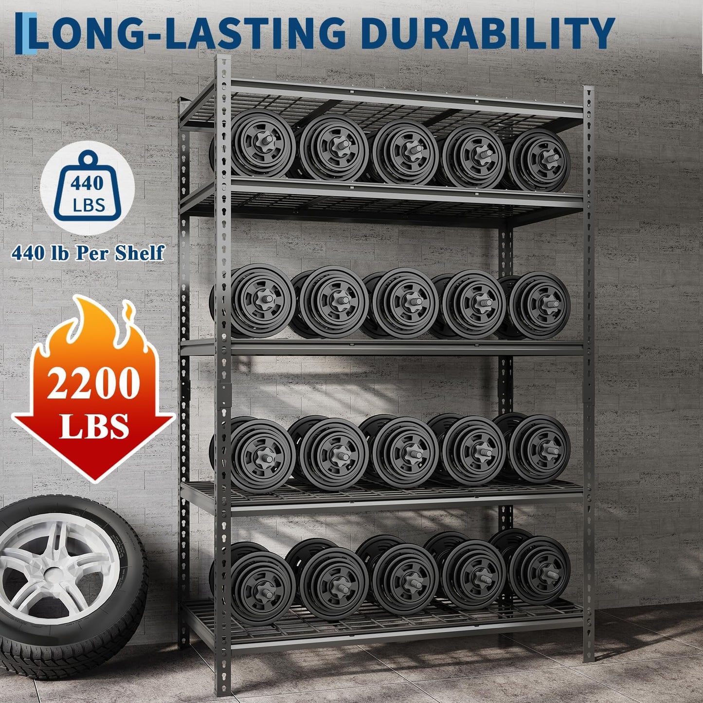 Garage Shelving 2200 LBS Storage Shelves Adjustable Metal Shelving Unit Heavy Duty 5 Tier Metal Shelves for Garage Kitchen Pantry Warehouse Basement, 48" W × 24" D × 72" H