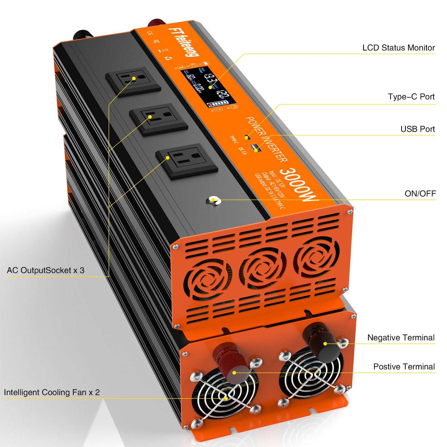3000W Power Inverter, 12v DC to 120v Ac Inverter, Power Inverters for Vehicles with LCD Display, 3AC Sockets and USB-C & QC 3.0 Port with Remote Control for Camping Home Truck Rv Solar System