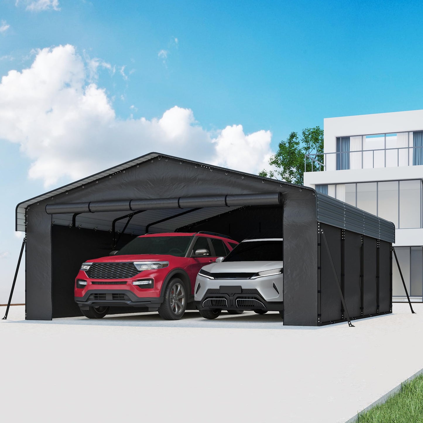 20x20FT Heavy Duty Metal Carport,Outdoor Garage with Removable Sidewalls & Doors, Heavy Duty Steel Frame and Galvanized Roof for Cars and Boats, Gray