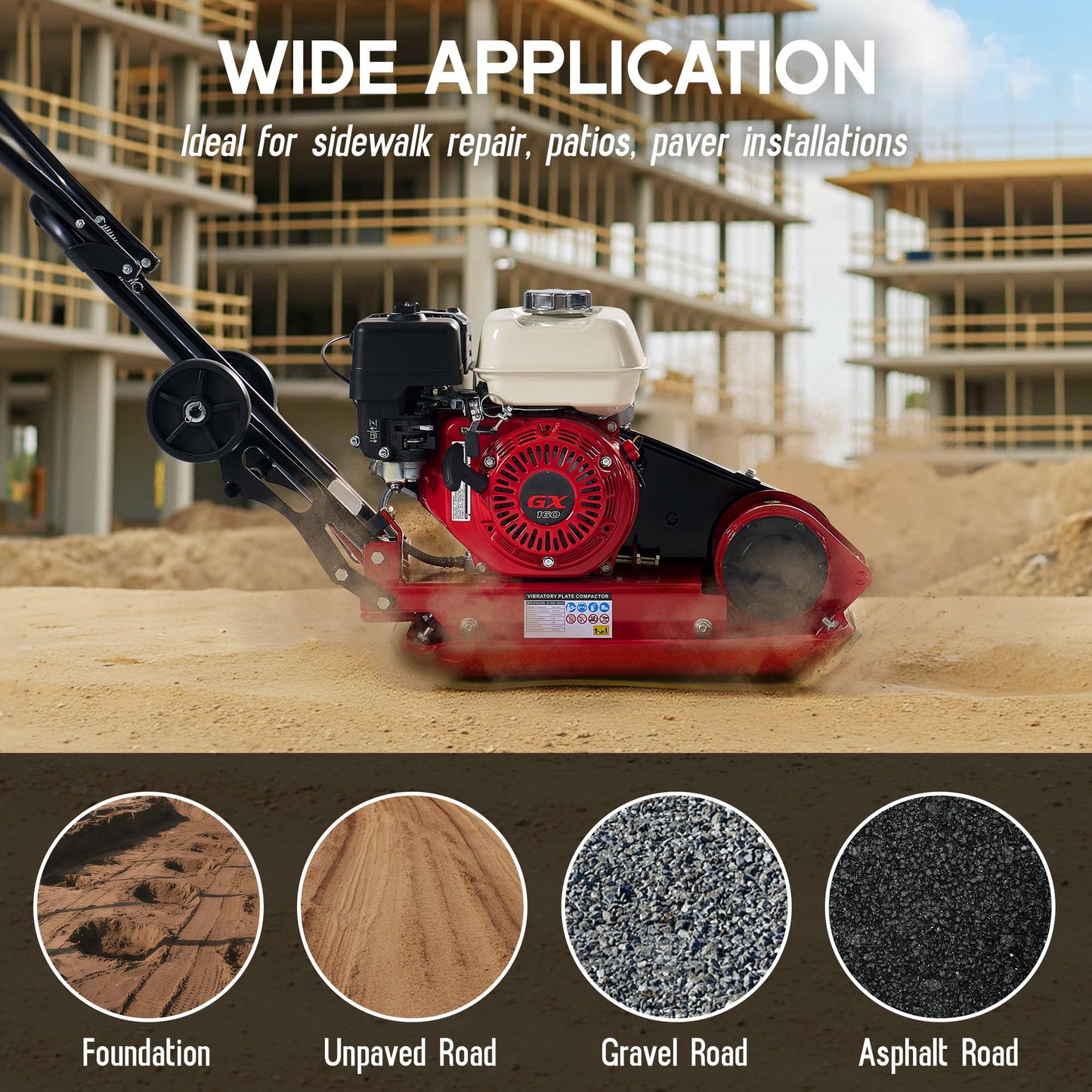 Albott 21" x 17" Plate Compactor, 5.5 HP 196cc Engine with Compactor Pad, 5500 VPM 2922 lbs Compaction Force, Compaction GX160 Engine