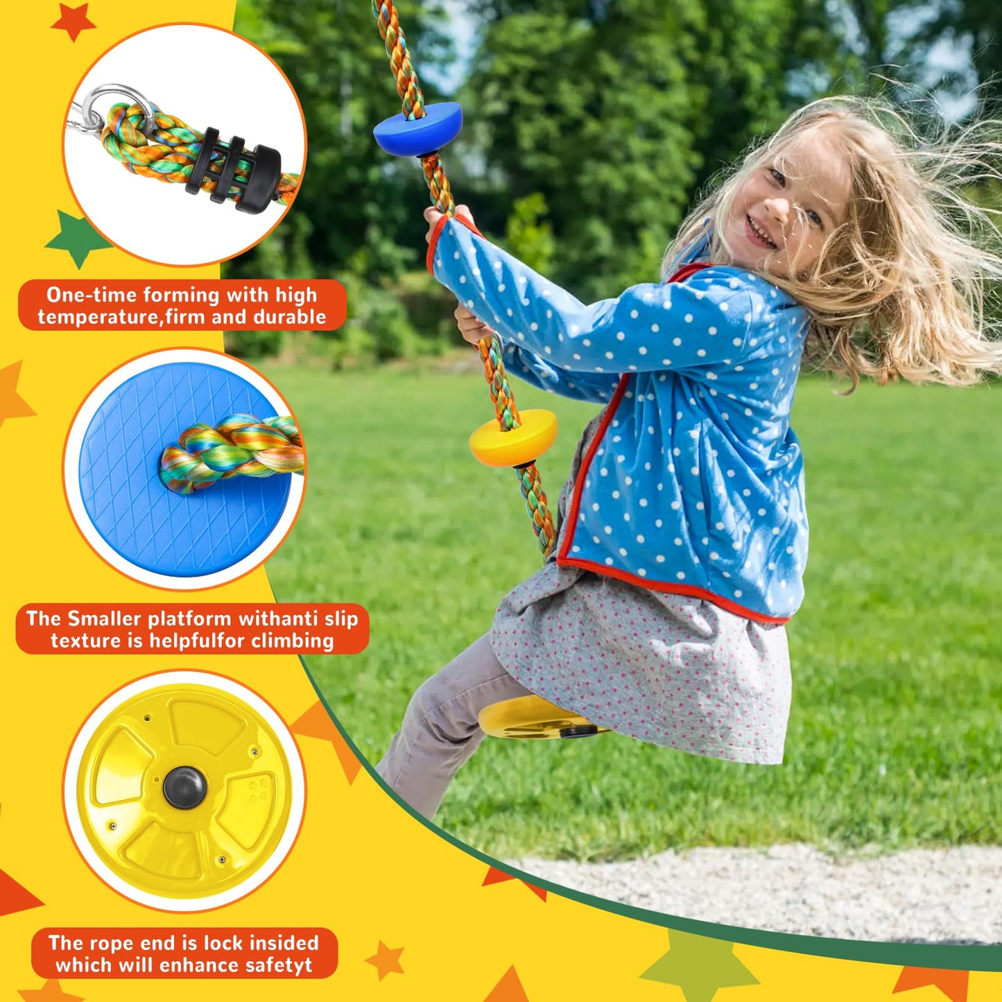 Tree Swing for Kids,Heavy Duty Single Disc Seat Climbing Rope Set with Hanging Strap and Platform Carabiners for Backyard Treehouse and Outdoor Playground Accessories(Yellow)