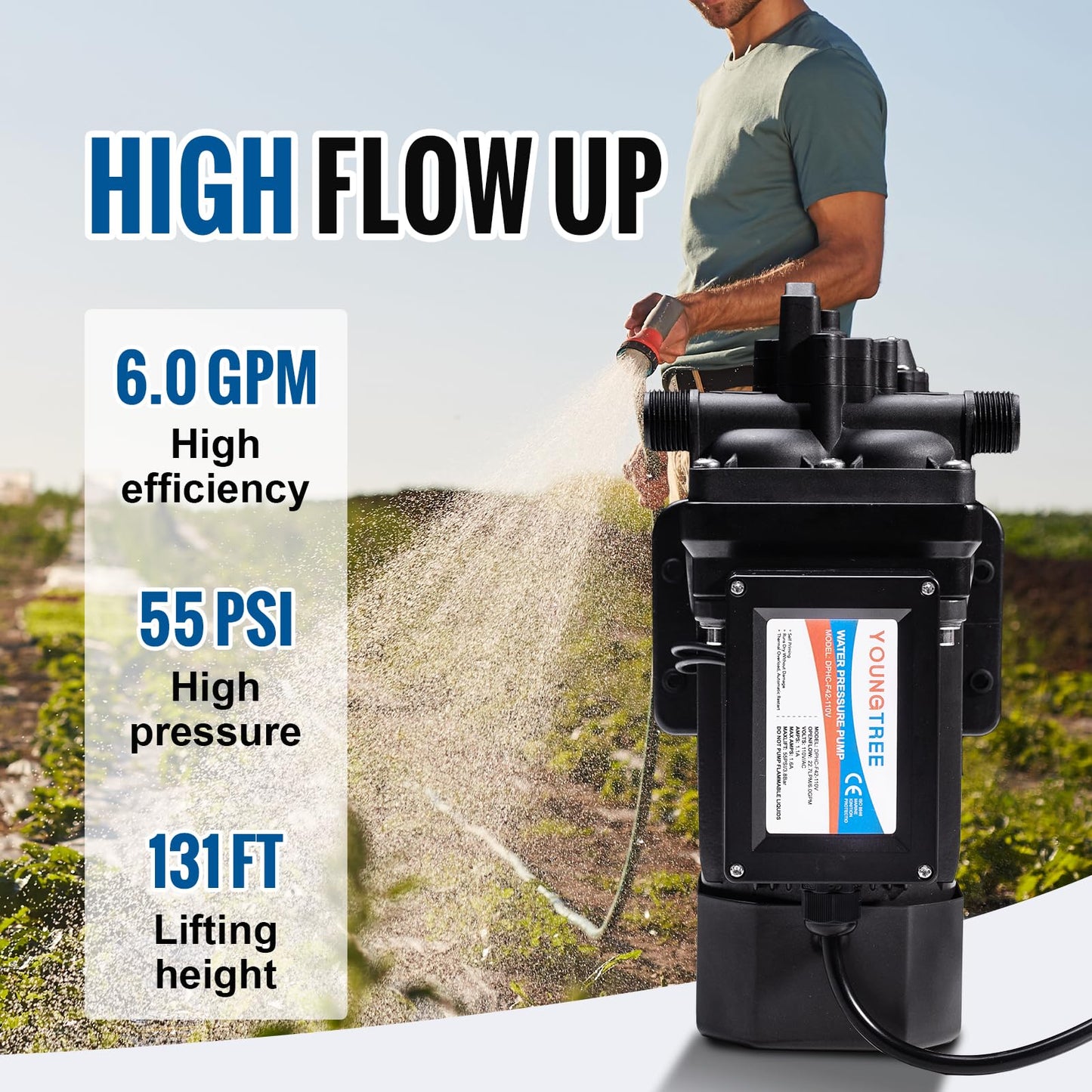 YOUNGTREE Brushless 110V Water Pressure Transfer Pump Continuous Duty 6.0GPM 55PSI On Demand Fresh Water Diaphragm Pump 110 Volt AC for Irrigation Garden Home Pool Car Washing Rain Barrel Industry