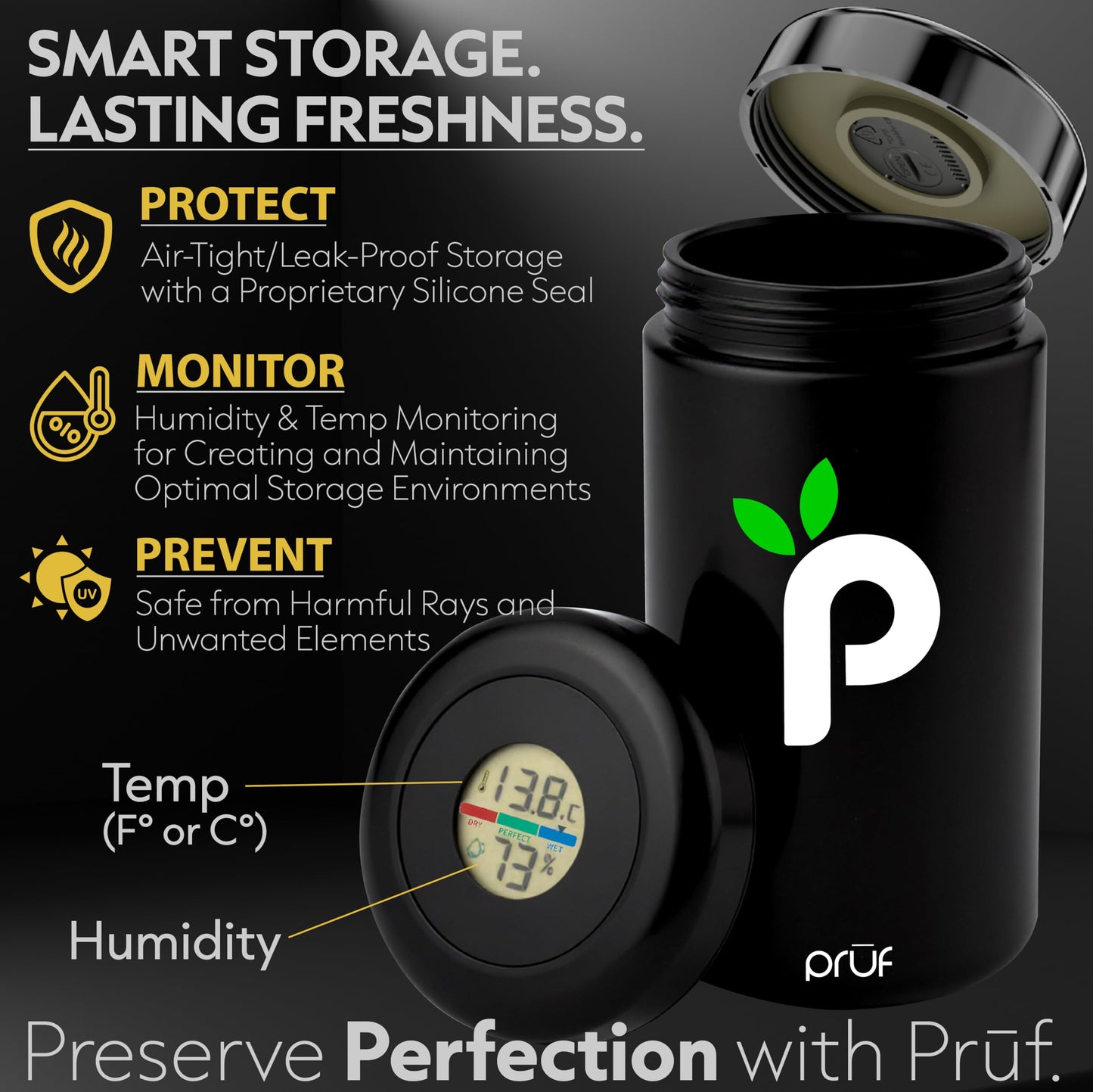 Prūf Jar with Built-In Humidity & Temperature Monitor (Hygrometer) – Airtight 500ml UV-Proof Glass Storage Jar with Silicone Seal – Humidity Control – Includes 2 Boveda 62% (8g) Packs – by Hygenix