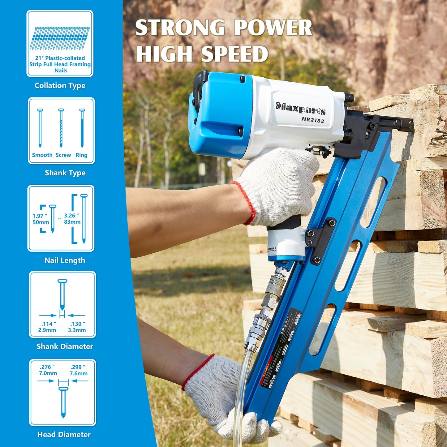 Maxparts Framing Nail Gun NR2183 21 Degree Plastic Strip Nailer with Aluminum Magazine Quick Shooting Pneumatic Tools for Wood Constructions Light Blue Color