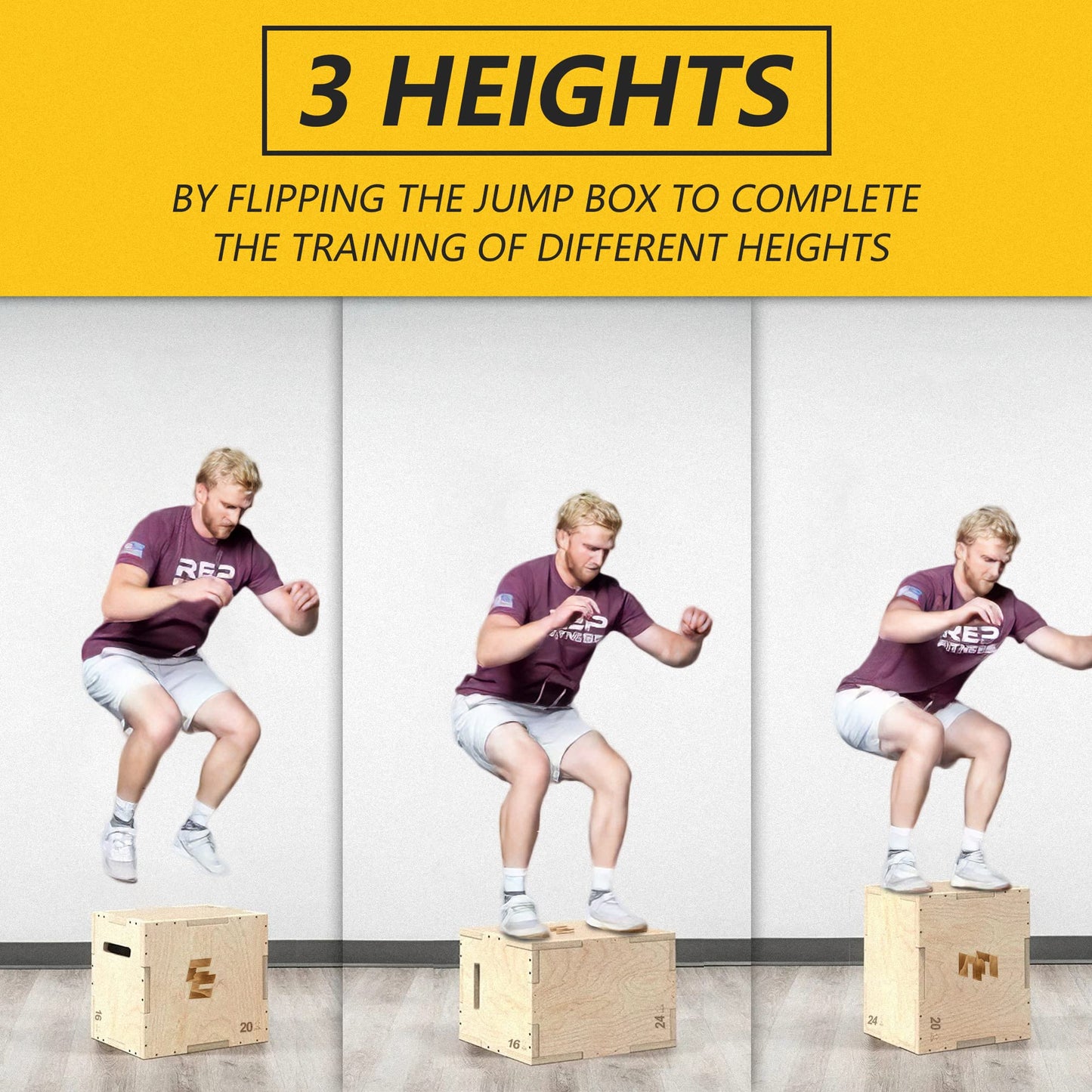 Holleyweb 3 in 1 Wood Plyo Box, Jump Box Plyometric Non-Slip for Skipping, Jumping,Box Jumps, Squats, Step-Ups, Dips, Rounded Corners for Safety (A-YD05003-USAM028)