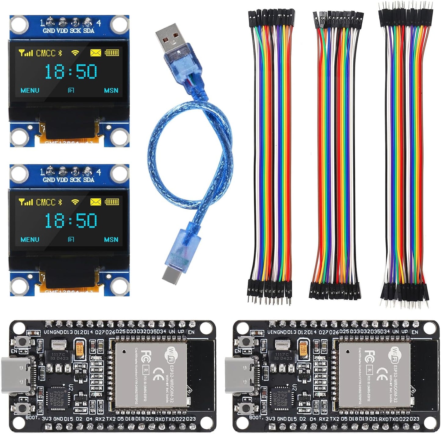 AITRIP 2PCS ESP-32 CP2102 Chip+2PCS 0.96 Inch I2C 12864 SSD1306 30pcs 20cm USB-C Development Board OLED IIC Display