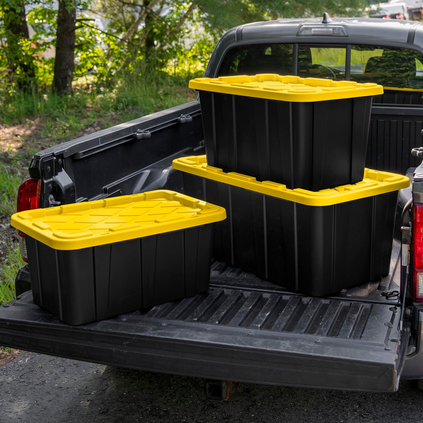 Sterilite 17 Gal Industrial Tote, Stackable Storage Bin with Snap-Fit Lid for Garage, Basement & Attic Storage, Black Base and Yellow Lily Lid, 6-Pack