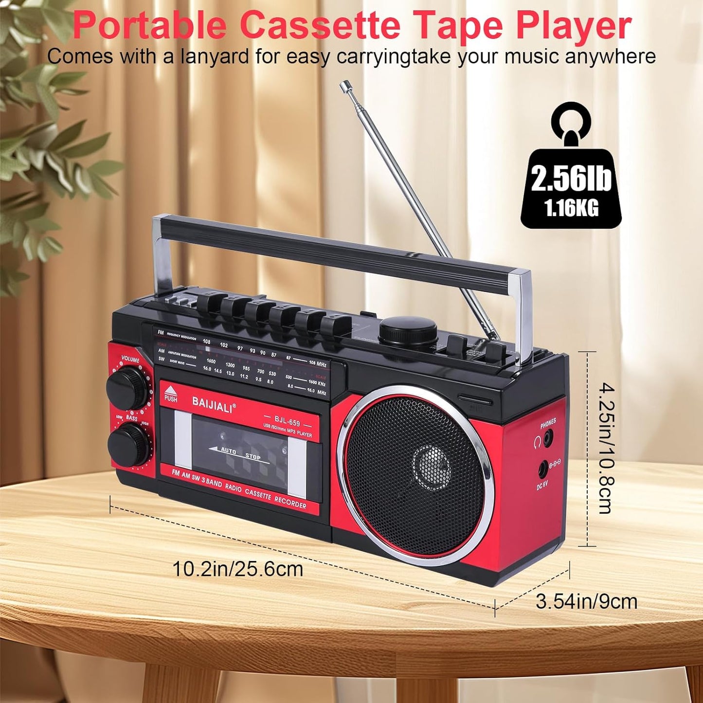BAIJIALI Cassette Portable Player with AM/FM/SW Radio & BT, Boombox for Home and Travel, Record from Radio, Play via