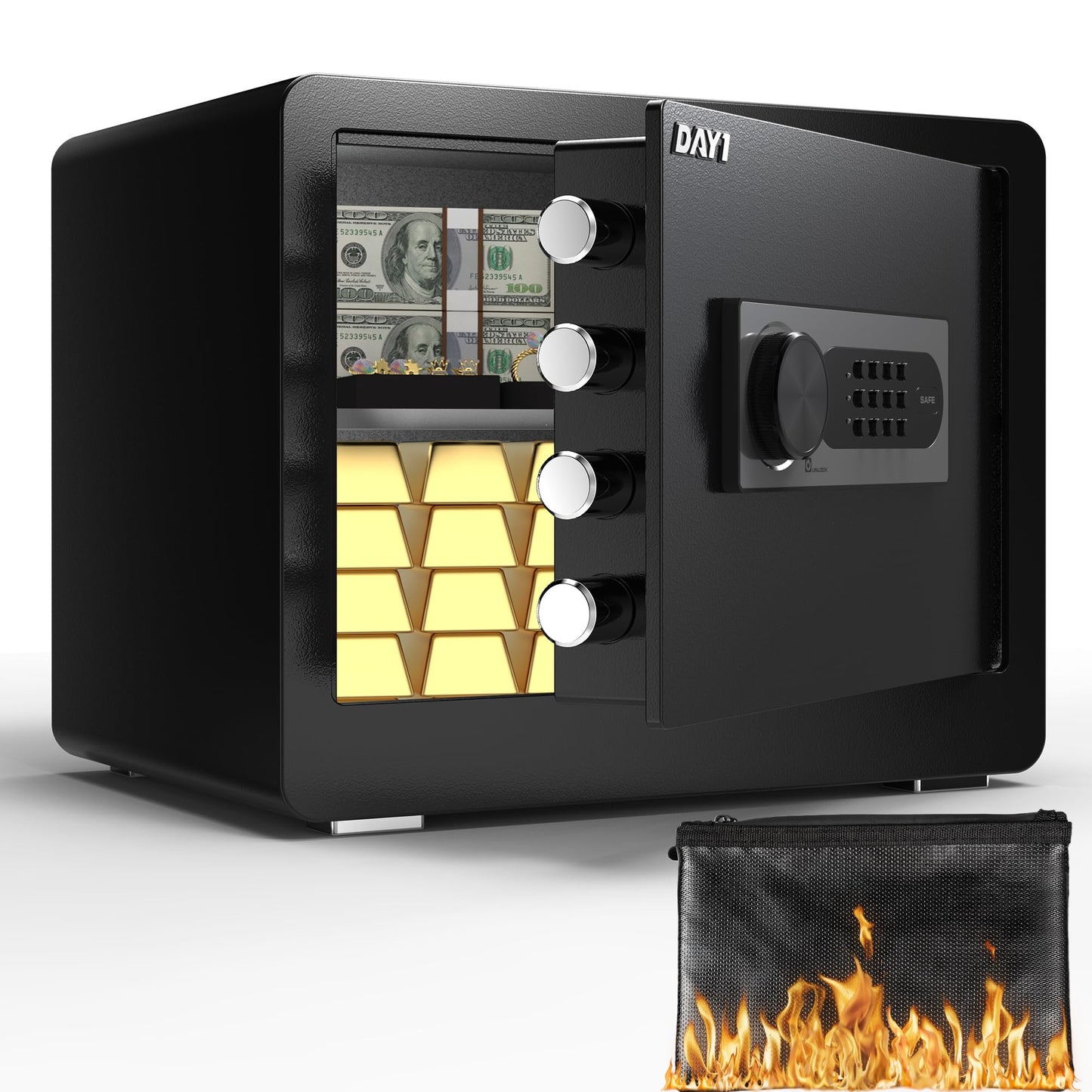 DAYI Safe Box, 1.4 Cubic Feet Home Safe with Fireproof Waterproof Bag, Security Safe Box for Money Cash Valuables, Digital Electronic Keypad, Dual Alarm System, Removable Shelf - D-35