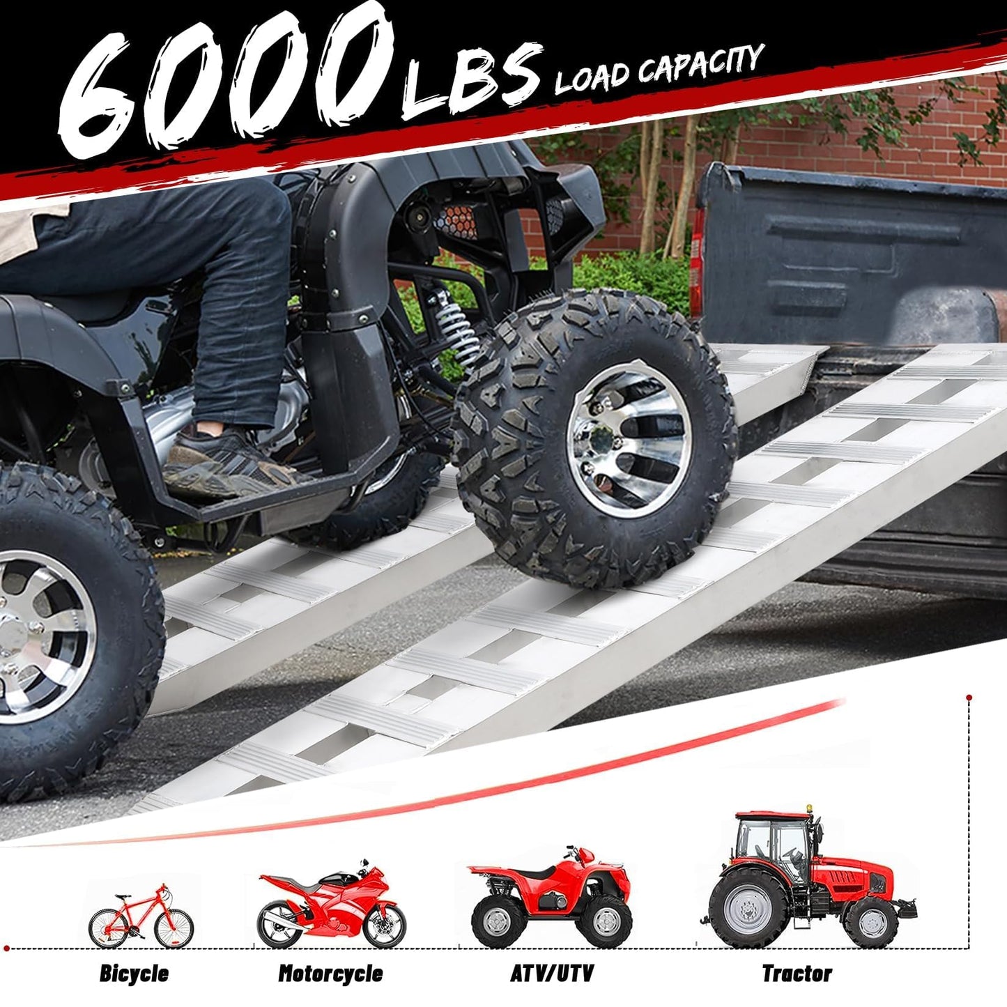 GarveeTech 94"x 15"Aluminum Trailer Ramps, 6000 Lbs Capacity Heavy-Duty Loading Ramps with Top Hook Attaching End, Universal Alu Loading Ramp for Truck Auto,Tractor,Motorcycle, Lawn Mower