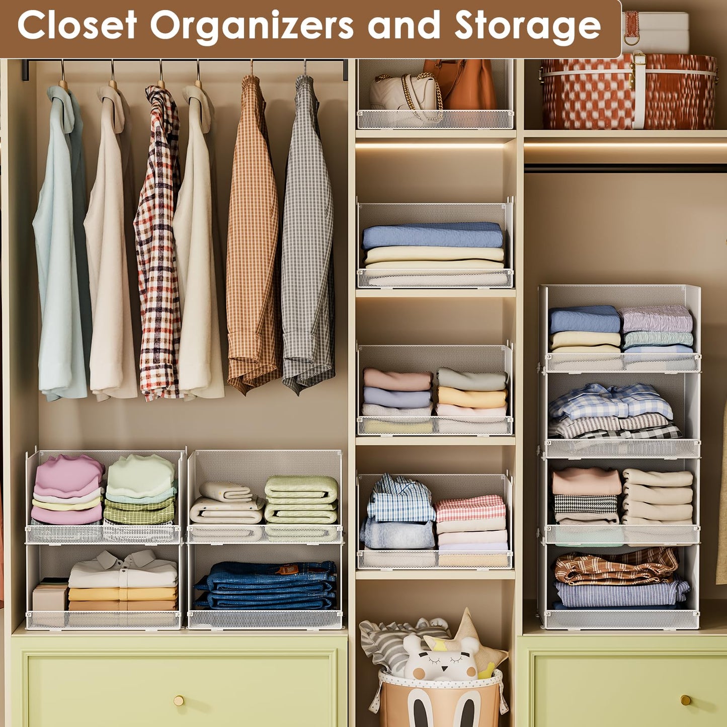 Tiaoheka 4-Tier Stackable Closet Organizers and Storage Shelves, Foldable Closet Shelf Organizer, Stackable Storage Bins Drawers for Closet Organizer System, White(Patent Pending)