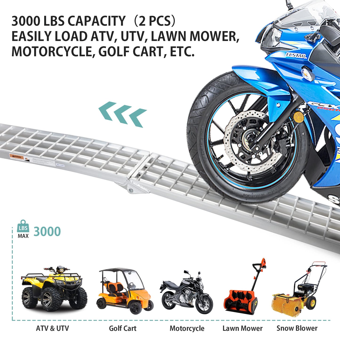KOLOTOOL 7.5 FT Heavy Duty Aluminum Folding Loading Ramp for Pickup Trucks, 3000 lbs Capacity Truck Loading Ramps for Motorcycles, ATV, UTV Lawn Mowers,Tractors & Golf Carts, 90" Lx12 W (2 Pack)