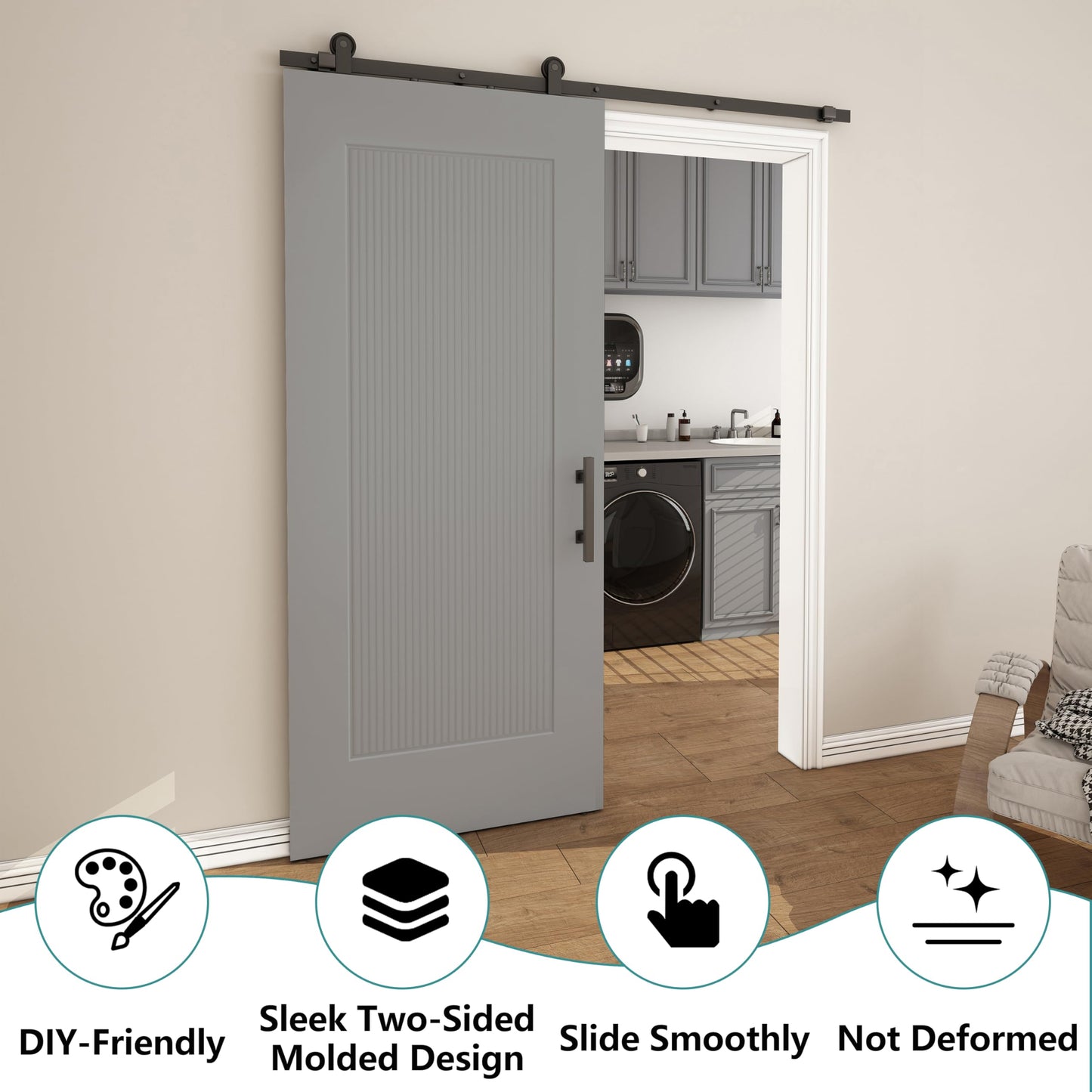 JUBEST 36''x84'' Sliding Barn Door, 1 Panel Reeded White Primed Sliding Closet Door with Matte Black 6FT Hardware Kit, Hollow Core Interior Door, Pre-Assembled Panel, Durable & Sturdy