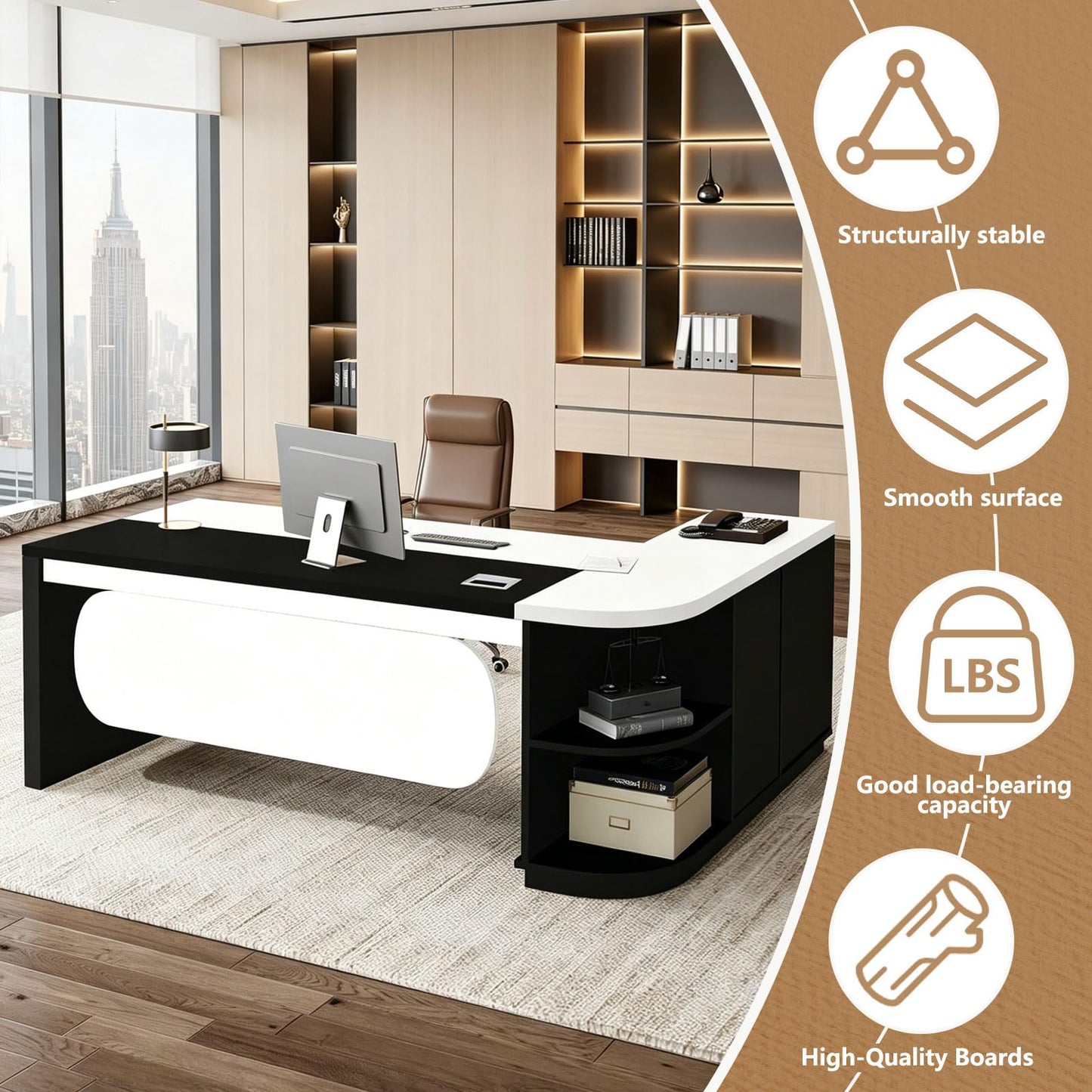 LBCZJYX Executive Desk L Shaped Office Desk with Storage Cabinet, Large Wood Table with Drawers, Cable Grommet & Modesty Panel, Modern Home Office Furniture for Manager Workspace, Multiple Sizes