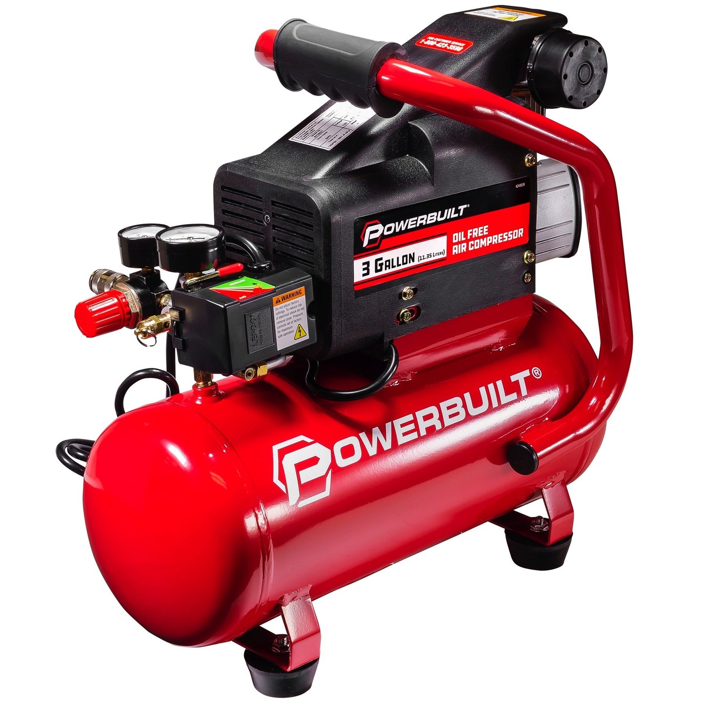 Powerbuilt 3 Gallon Air Compressor – 125 PSI, Oil-Free, Quiet Hot Dog Style – Includes 25 Ft. Air Hose & 10-Piece Accessory Kit – 240039