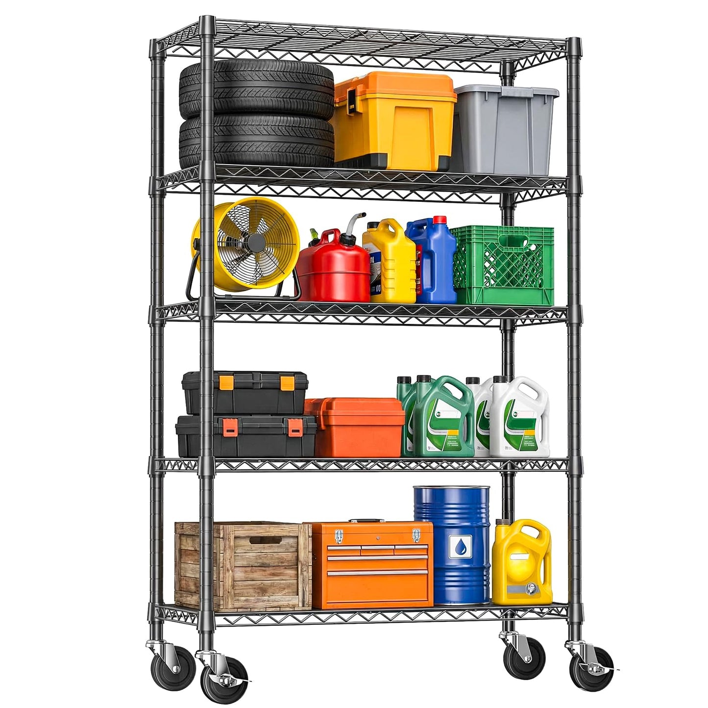 IZEUK 5-Tier Heavy Duty Metal Shelving Unit, Adjustable Steel Wire Storage Rack for Garage, Kitchen, Basement, Laundry Room & Office, Black, 17.7" D x 47.2" W x 72.3" H, 1750 lbs Capacity