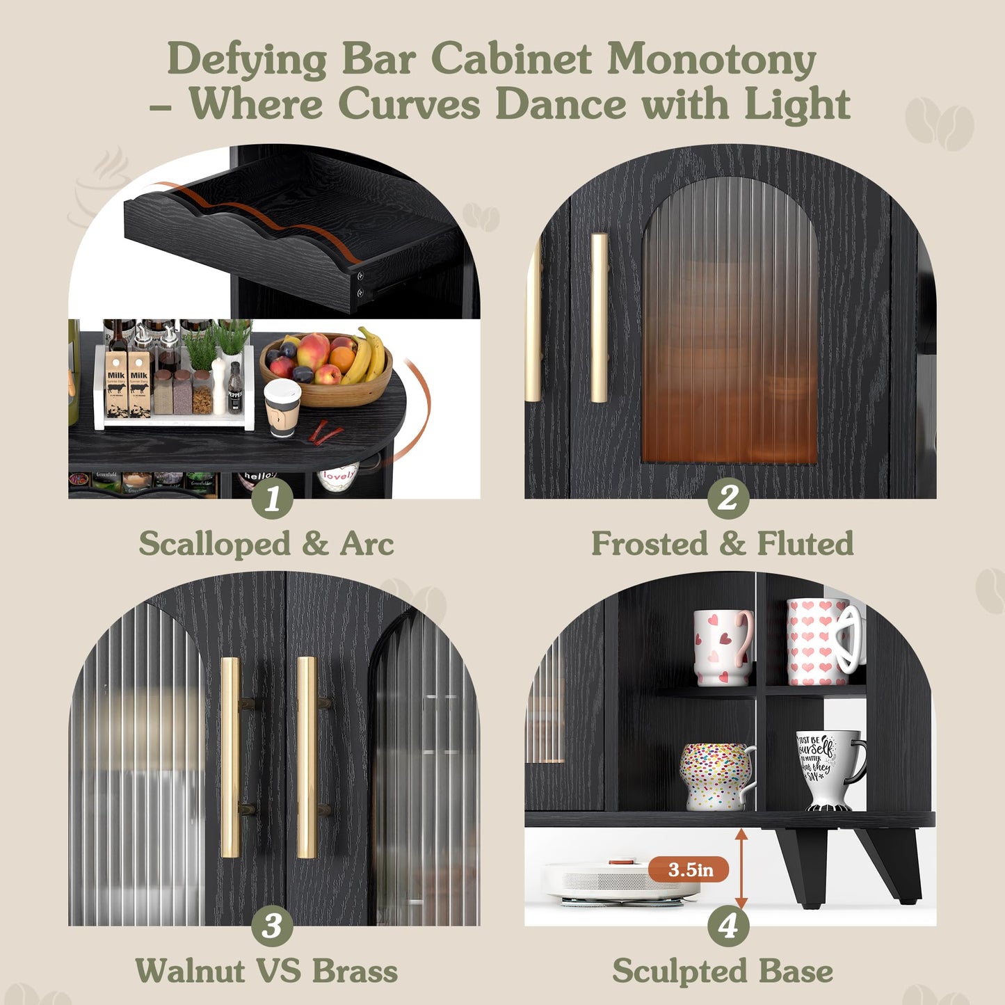 VINAEMO Coffee Bar Cabinet with 24-Cup Display, Large Drawer & Storage,Modern Buffet Sideboard for Kitchen, Medium Wooden Bar Station for Apartment，Black