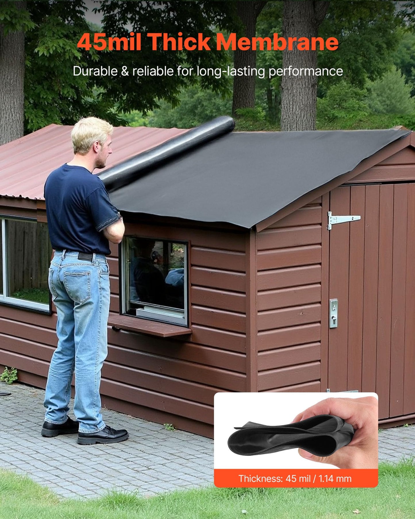 VEVOR Roll Roofing, 30 x 40 ft, 45 mil EPDM Rubber Roofing, Long Lifespan & Weather-Resistant, Withstands Harsh Temperatures, Flexible & Easy Installation, Roof Underlayment for RVs, Roofs, Ponds