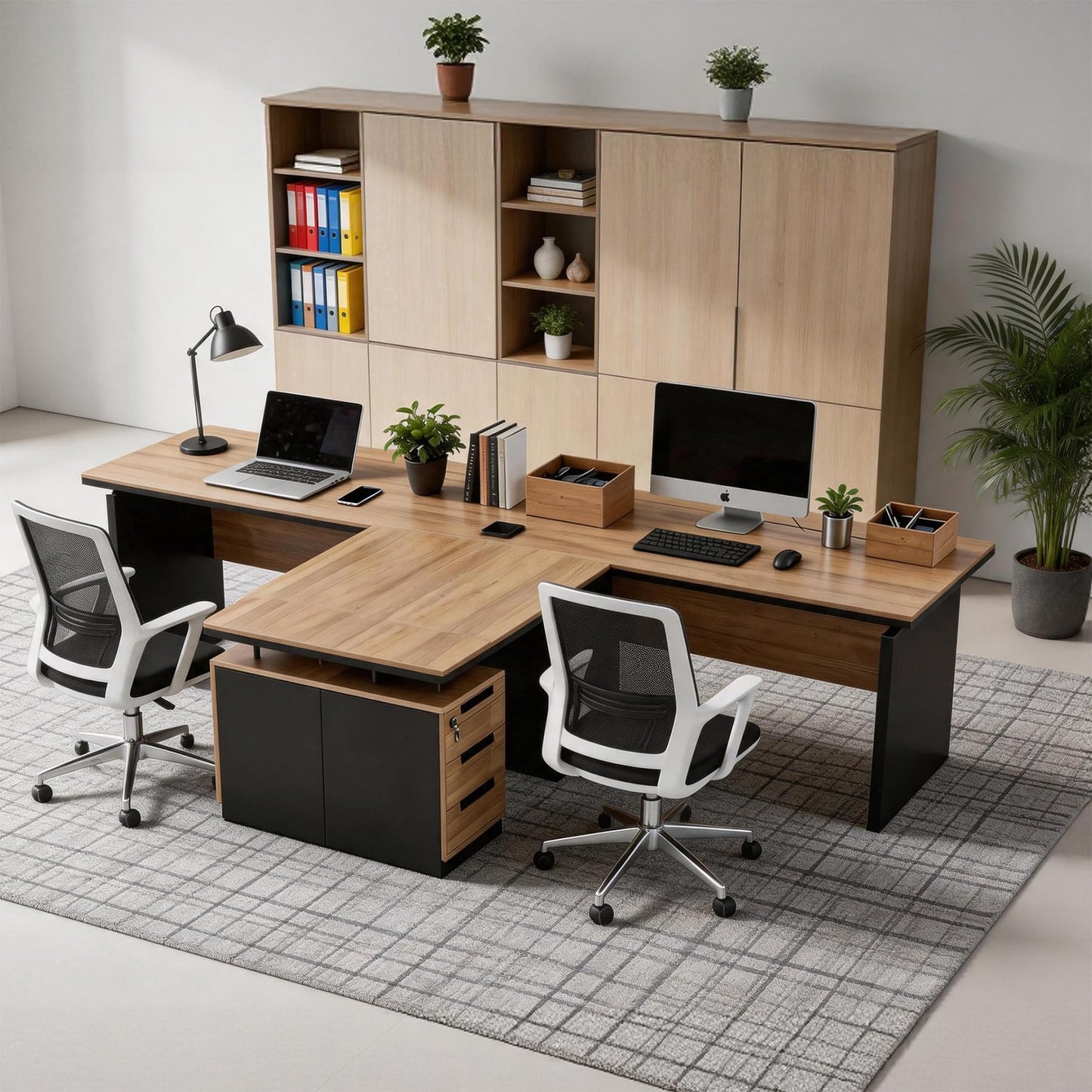 SAINTCY 63" L Shaped Executive Desk with Locking Drawer & Privacy Panel, Industrial Modern Wood Office Desk with Cable Management, Solid One-Piece Reversible for Home or Business Workspace (2)