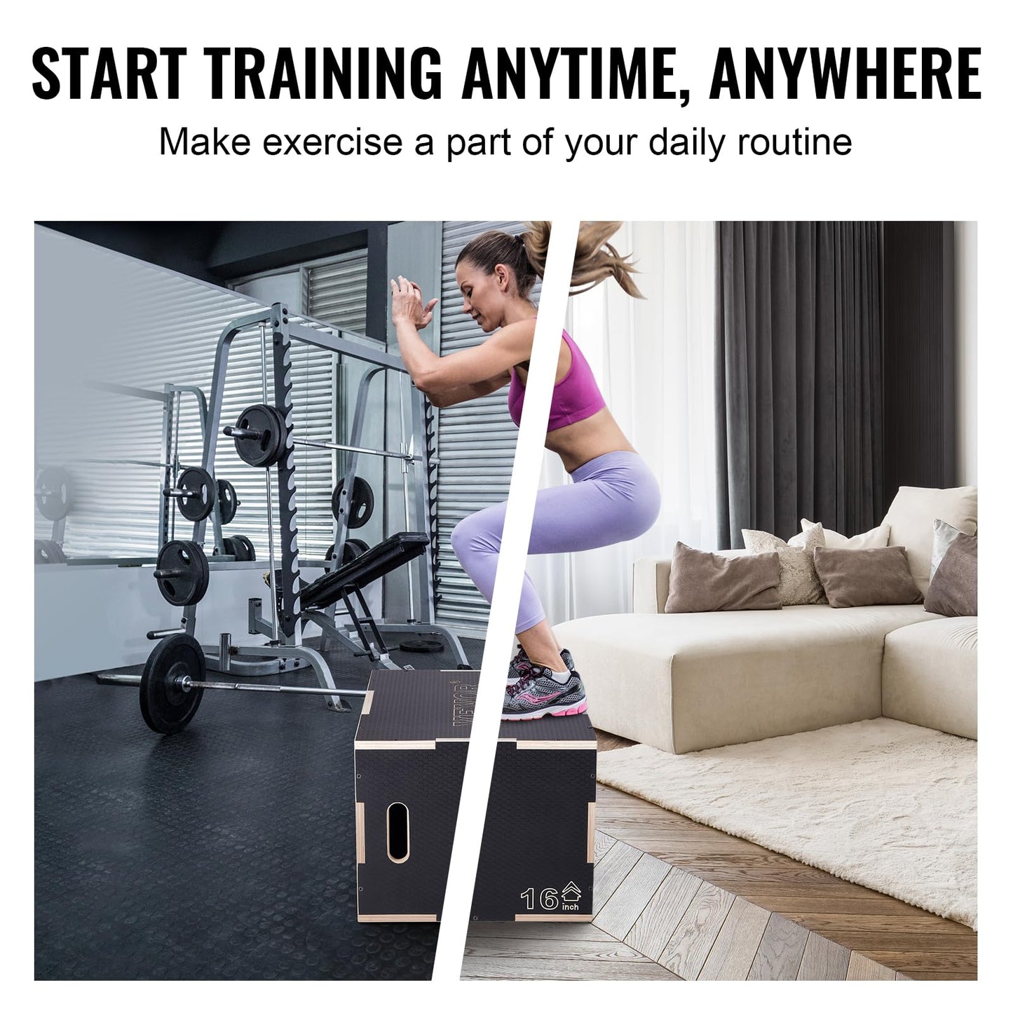 VEVOR 3 in 1 Plyometric Jump Box, Easy-to-Assemble Wood Plyo Box for Jumping Trainers, Home Gym Training and Conditioning, 24" x 20" x 16"