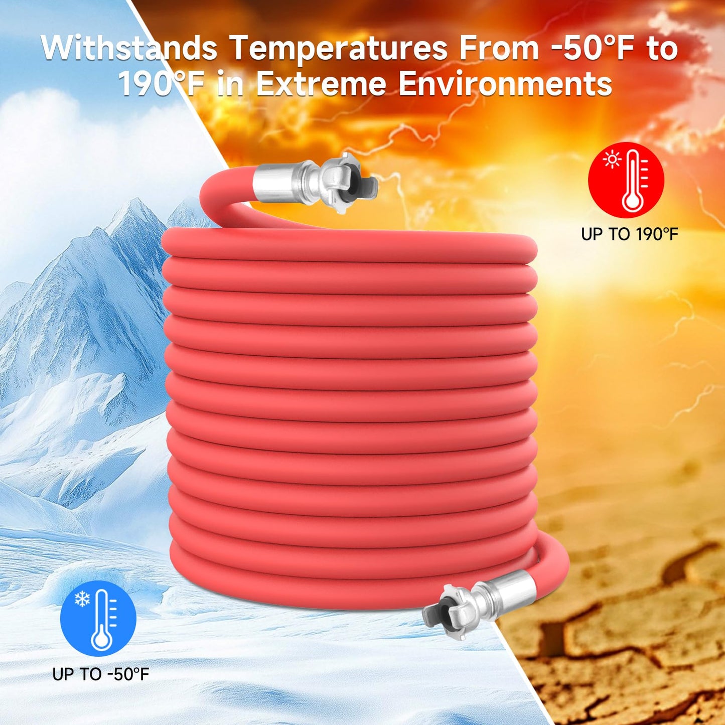3/4 inch * 100FT Red Rubber Air HoseChicago Connectors Air Compressor Hose 100% Rubber, 300 PSI, 50F to 190F Degrees High Strength Polyester Braided Replacement Air Line Kit