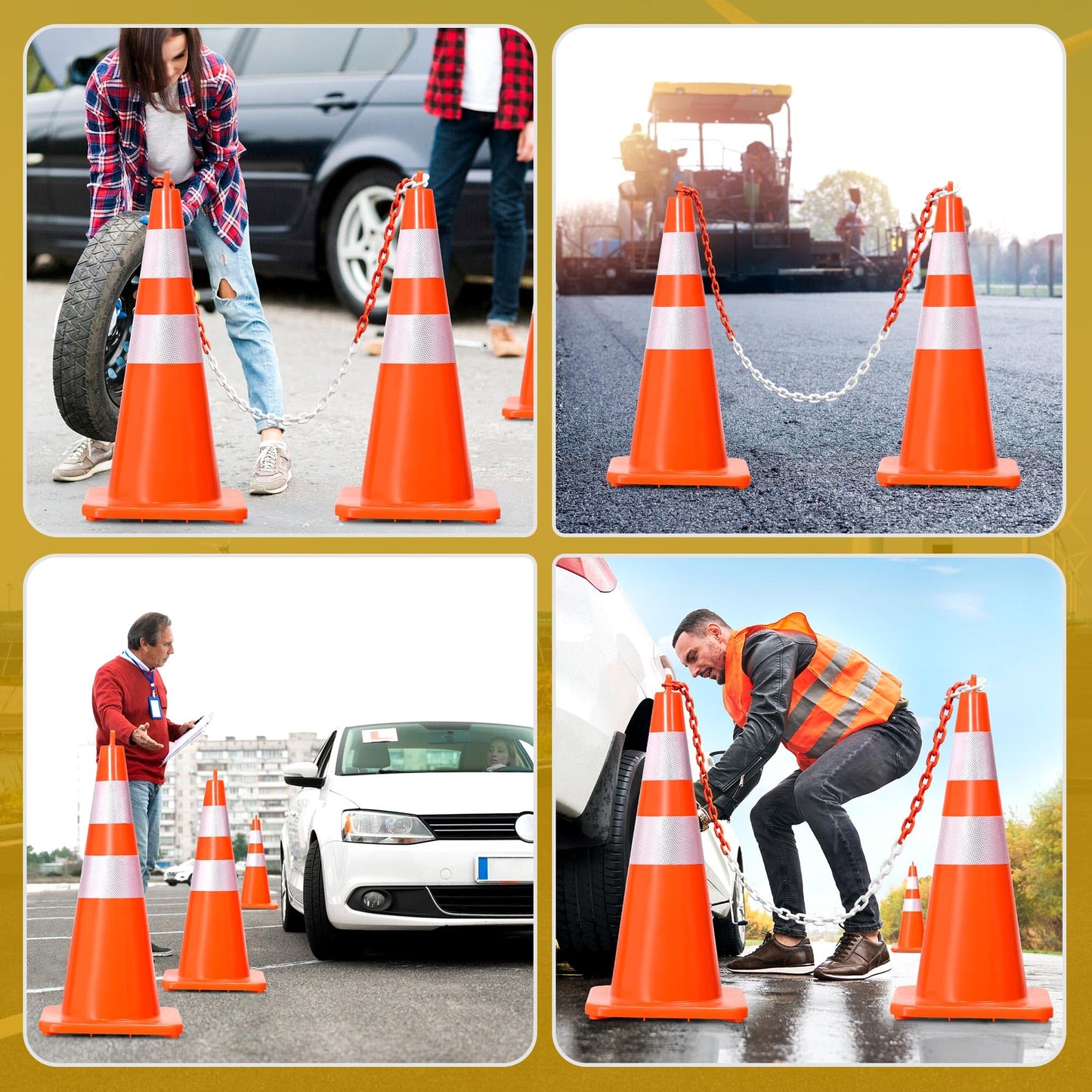 DWVO 12Pack 28in Traffic Cones with 36FT Chain, Safety Road Parking Cones PVC Base, Orange Traffic Cone with Reflective Collars, Hazard Construction Cones for Home Traffic Parking Road
