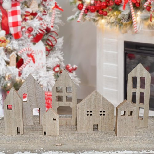 AuldHome Design Wood House Silhouettes - Set of 7 Holiday Decor Cutouts for Christmas