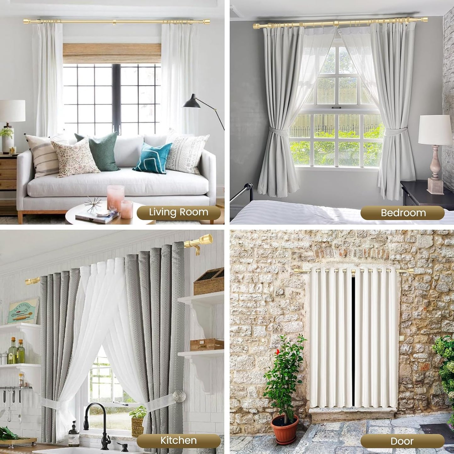 Skiennix 1” Diameter Adjustable Curtain Rod - Heavy Duty Metal, Fits 30-144 Inches, Gold Finish