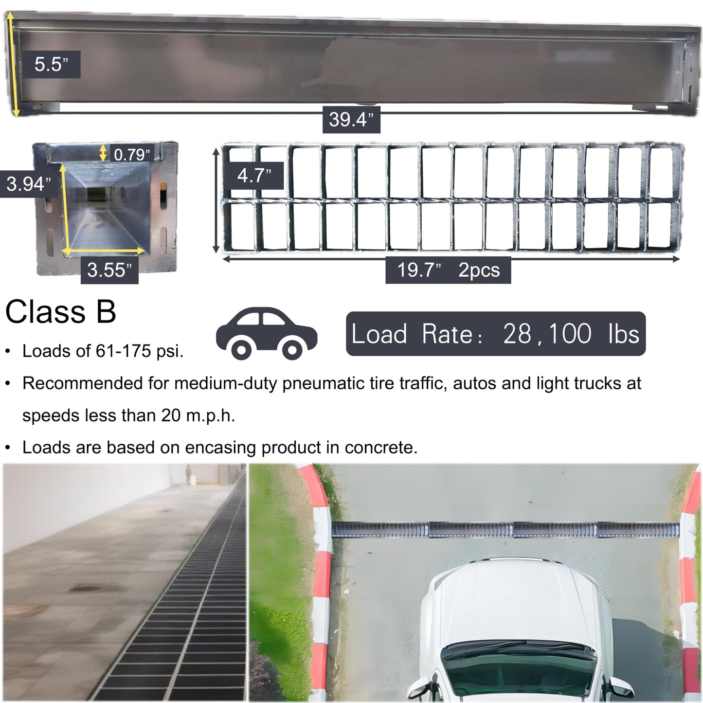 MASSLUNT 304 Stainless Steel Channel Drain with Galvanized Steel Grate 39.4x5.9x5.5 in, B-Class 28100 lbs Heavy-Duty Drain Kit for 3" Pipe, Trench Drainage System for Outdoor, Driveway, Garage, Yard