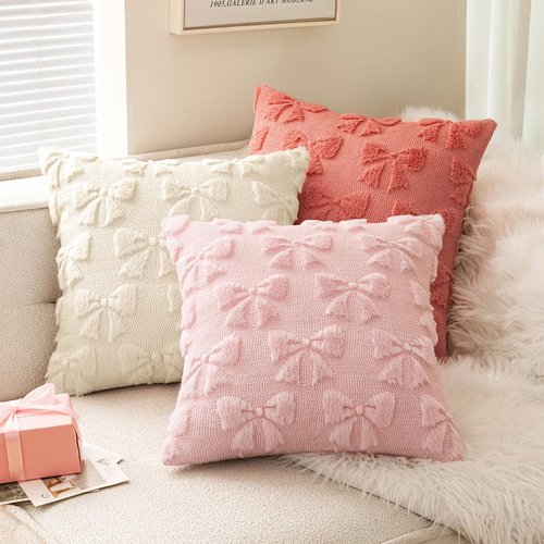 MIULEE Light Pink Bow Pillow Covers - Soft Plush Decorative Set of 2 for Coquette Room Decor | 18x18 Inch
