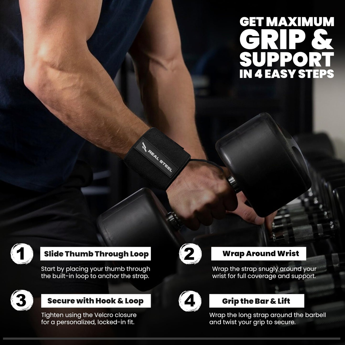 Real Steel Heavy-Duty Wrist Wraps for Weightlifting Men & Women - 24" Gym Wraps with Thumb Loop - Wrist Straps for Weightlifting Support, Powerlifting, and Strength Training - Workout Support Braces
