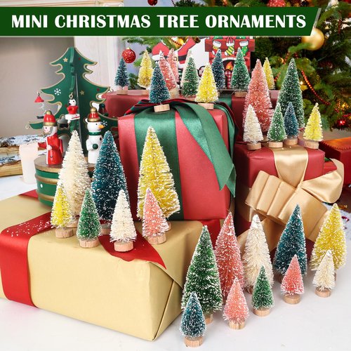 Christmas Decorations Mini Christmas Tree 35pcs,Mini Miniature Christmas Pine Tree Bottle Brush Trees Wooden Bases Tree for Your Village Desktop Xmas Holiday Party (Pink+Yellow+Blue+Green+Beige)