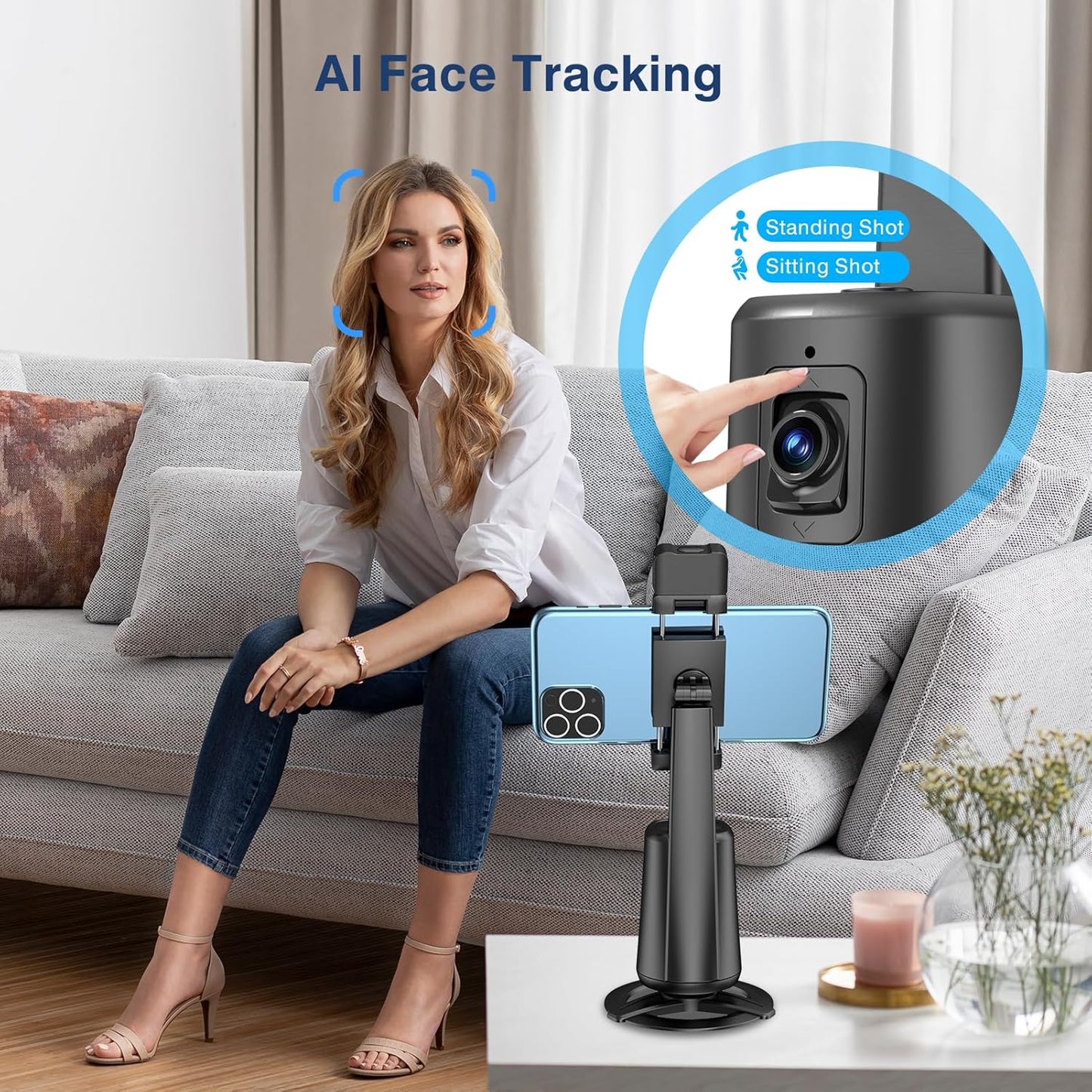 jiangler 360 Auto Face Tracking Tripod Rotating Cell Phone Photo and Video Kits Stand, No App, Camera Stand with Remote