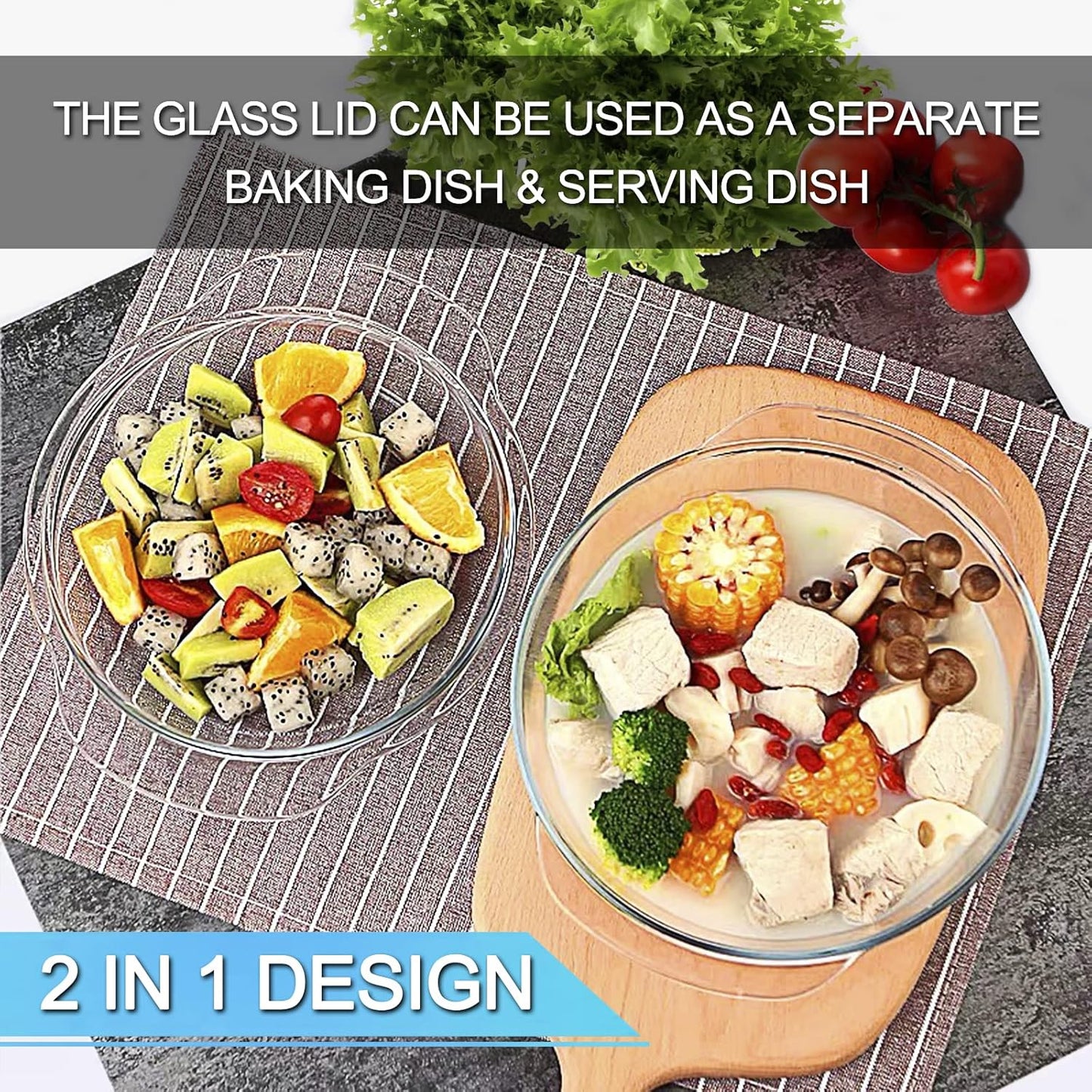 Skiennix Round Tempered Glass Casserole Dish - 3QT Oven, Freezer & Dishwasher Safe with Lid