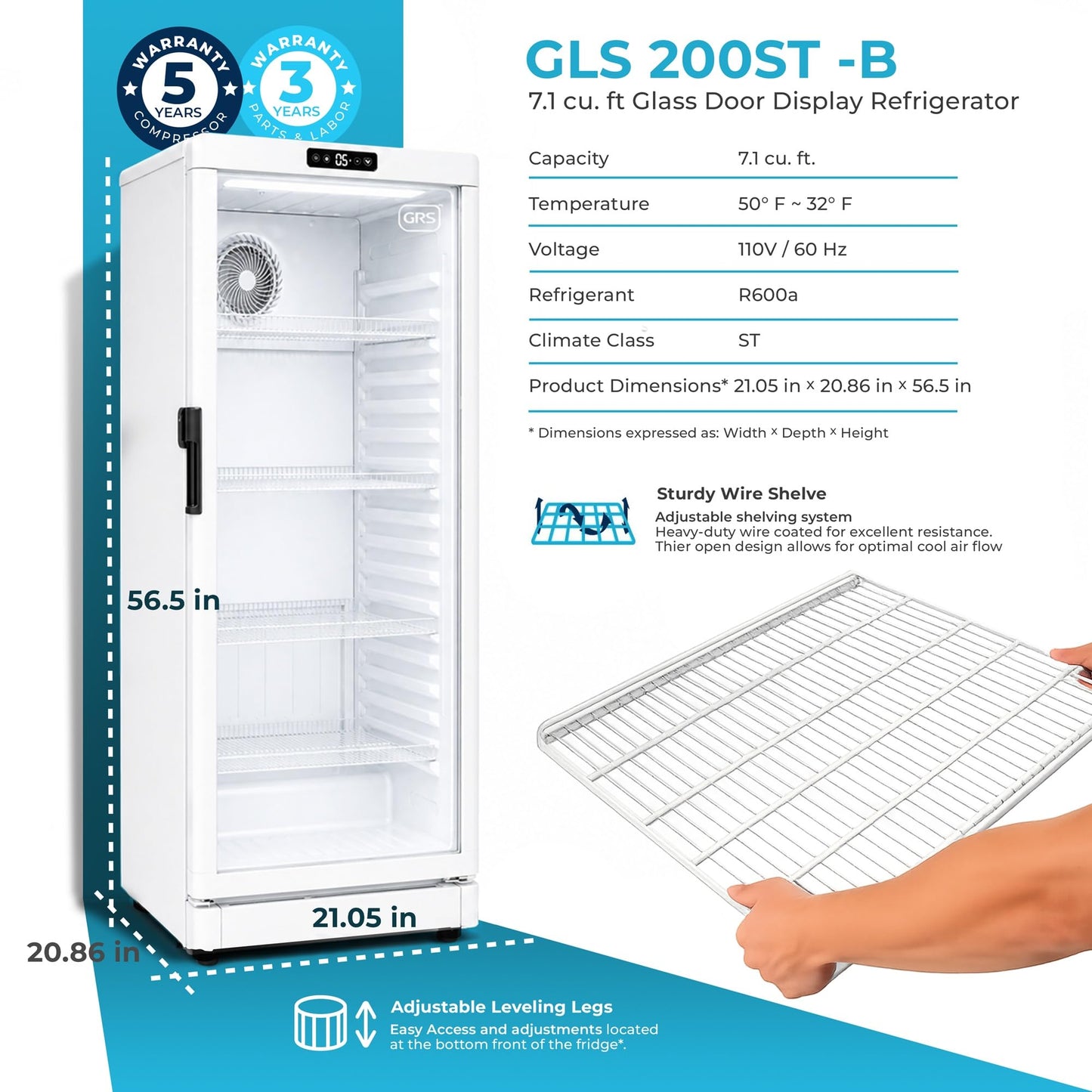 GRS Commercial Display Refrigerator with Glass Door Lock | Cool Air Flow & Temperature | Beverage fridge, Drink and Wine Cooler with Adjustable Display Shelf for Stores and Bars | Silver, 7.1 Cu. Ft