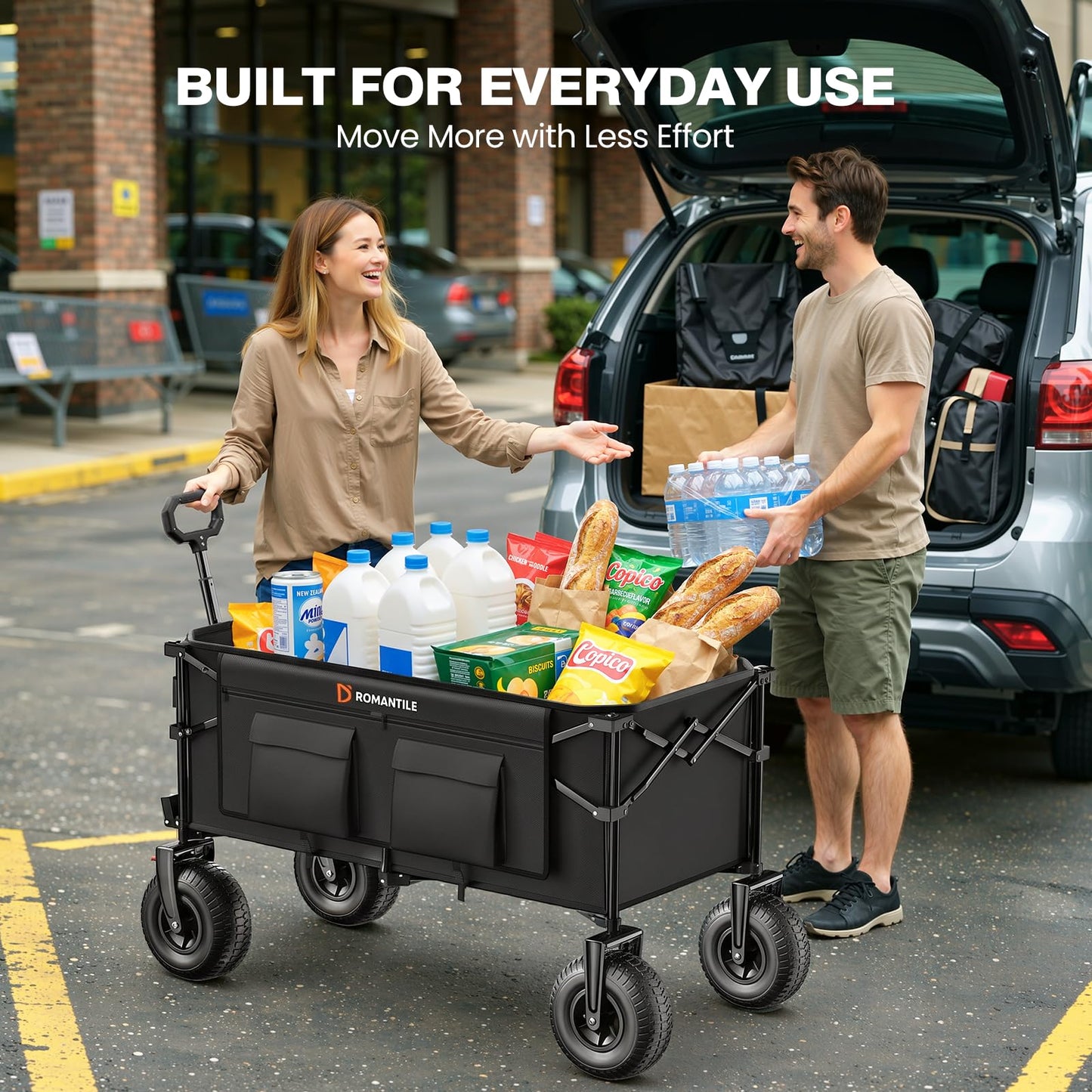 All-Terrain Beach Wagon with 9x3.5IN Big Inflatable Rubber Wheels for Sand, 240L Collapsible Wagon Cart, 450lbs Heavy Duty, Quiet Smooth Ride, Puncture-Resistant Tires, Side Pockets, Black