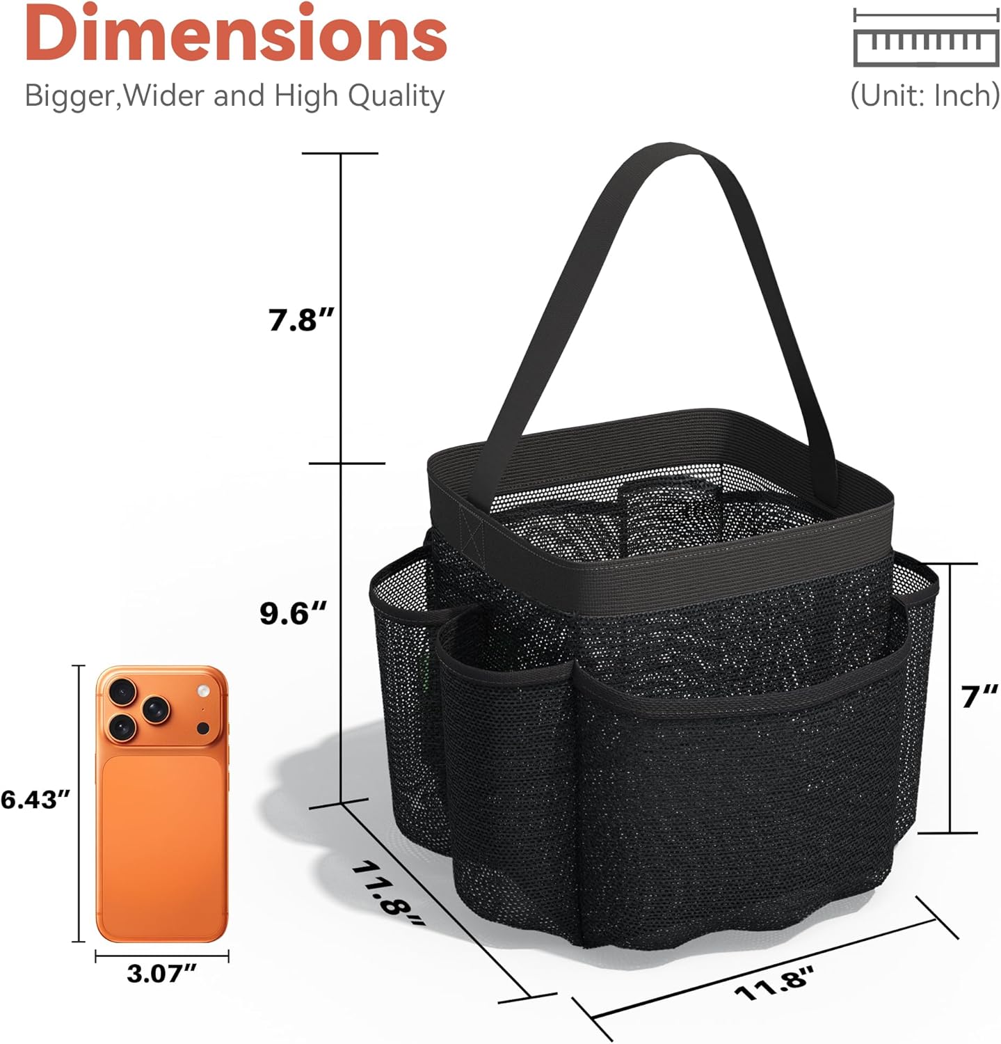 YASONIC Portable Mesh Shower Caddy - 8 Pocket Hanging Organizer for College Dorm Essentials | Black
