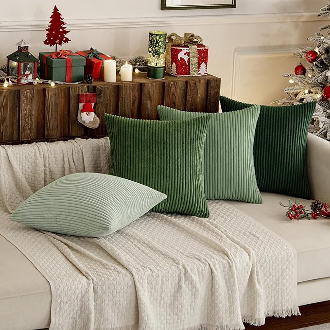 MIULEE Boho Farmhouse Sage Green Throw Pillow Covers 24x24 Inch Set of 4 Mordern Nordic Cushion Covers Soft Corduroy Spring Home Decor for Couch Bed Sofa Living Room Forest Green