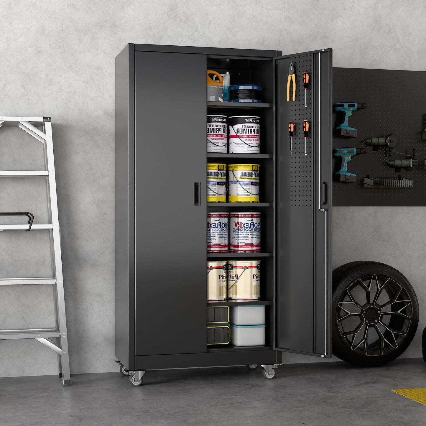 SUXXAN Heavy Duty Metal Storage Cabinet with Wheels and Pegboard, 71" Tall Industrial Steel Cabinet with 5 Adjustable Shelves & Locking Doors for Garage, Office, Pantry, Warehouse, Black