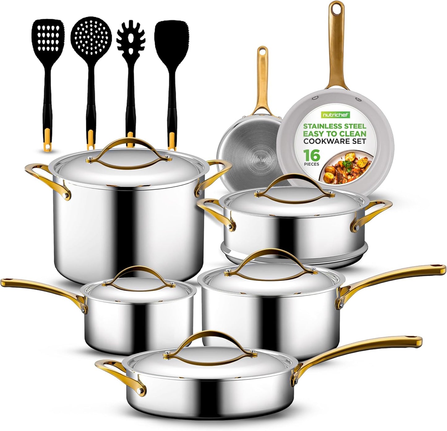 NutriChef 16-Piece Stainless Steel Kitchenware Set - Non-Stick Pots, Pans & Nylon Utensils