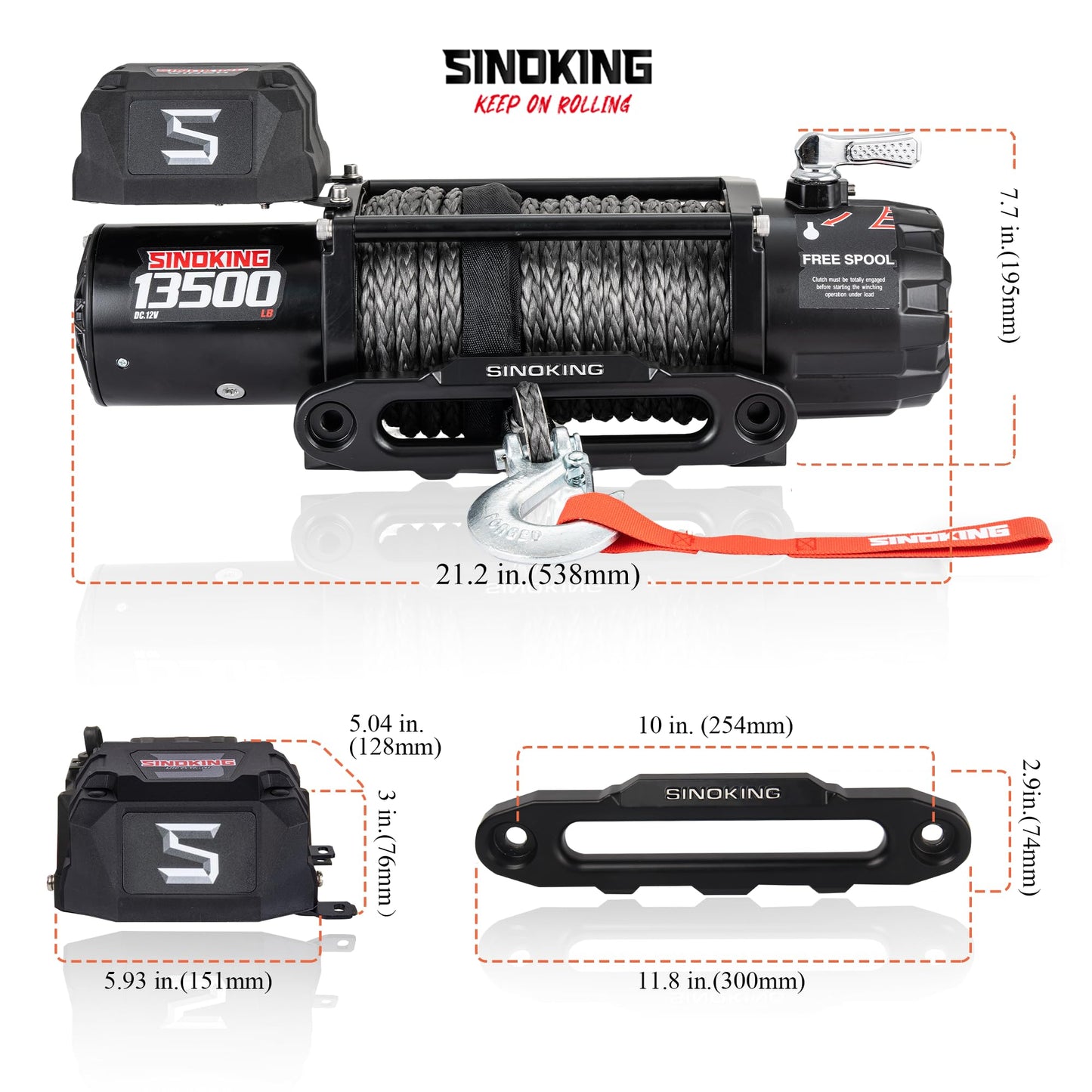 SINOKING 13500 lb Electric Winch for Jeep, Truck, SUV, Trailer Winch & Boat Winch – Heavy Duty Synthetic Rope 12V Winch, Waterproof Towing Winch with Wireless and Wired Remote