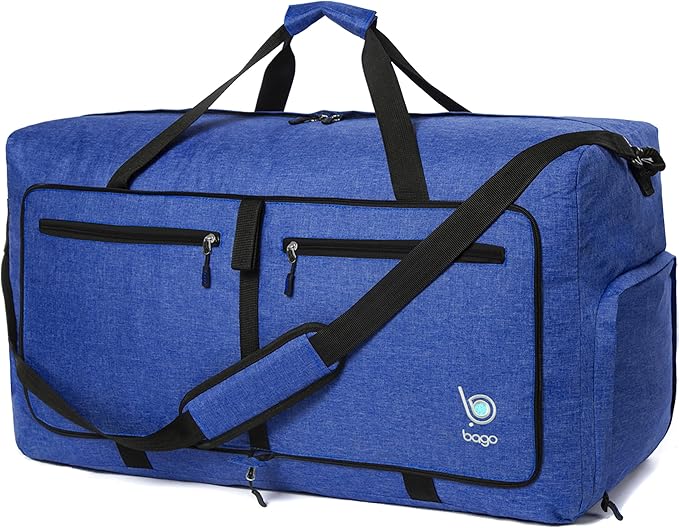 Bago Large Foldable Duffel Bags for Traveling Women & Men - 80L Packable Duffle Bag for Travel with Shoe Compartment - Water Repellant, Heavy Duty, Lightweight Folding & Collapsible (SnowDepBlue)