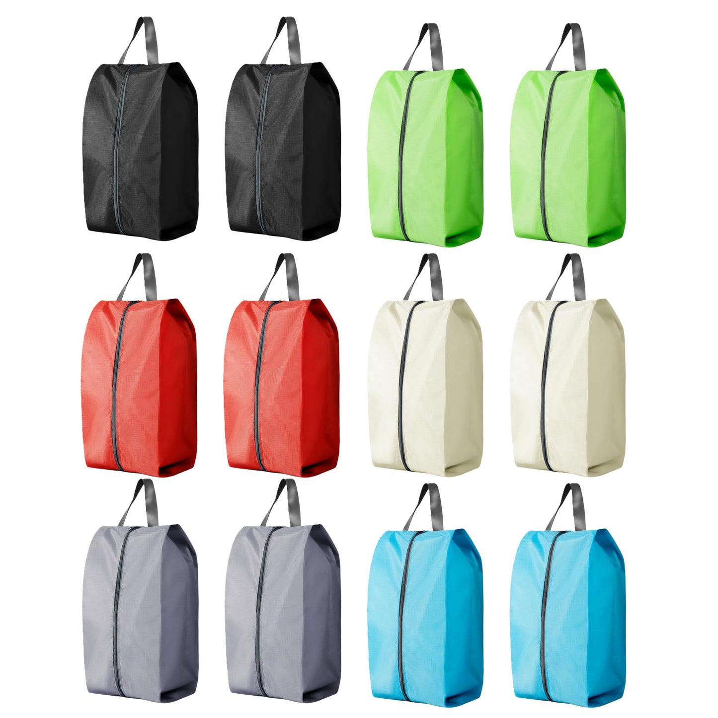 Travel Shoe Bags, Set of 12, Large Oxford Fabric Storage Bags with Zipper and Handle, Water-Resistant Pouches (Black, Gray, Green, Red, Cream, Blue)