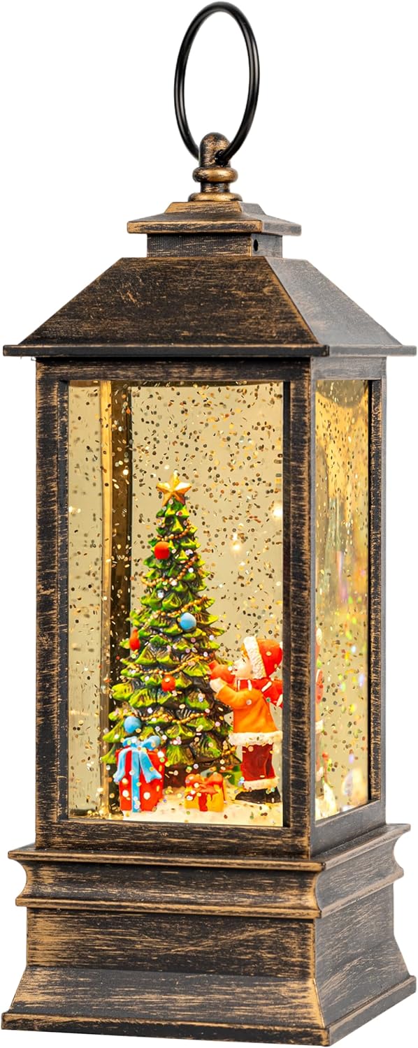 Skiennix 10'' Snow Globe Christmas Lantern - Musical & Lighted with Swirling Glitter | Battery or USB Powered