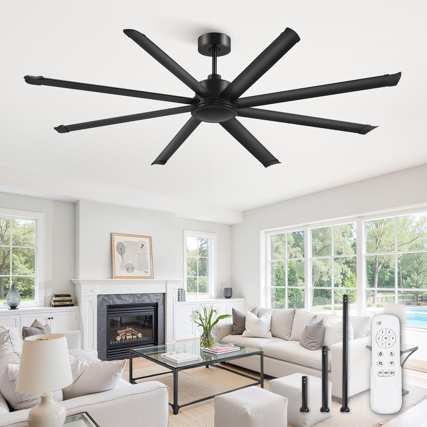 ZMISHIBO 84 Inch Large Ceiling Fan No Light, 8 Aluminum Blades, 6-Speed Remote Control, Industrial Ceiling Fan without Light, Quiet DC Motor, Indoor/Outdoor Ceiling Fans for Patio, Garage, Shop, Black