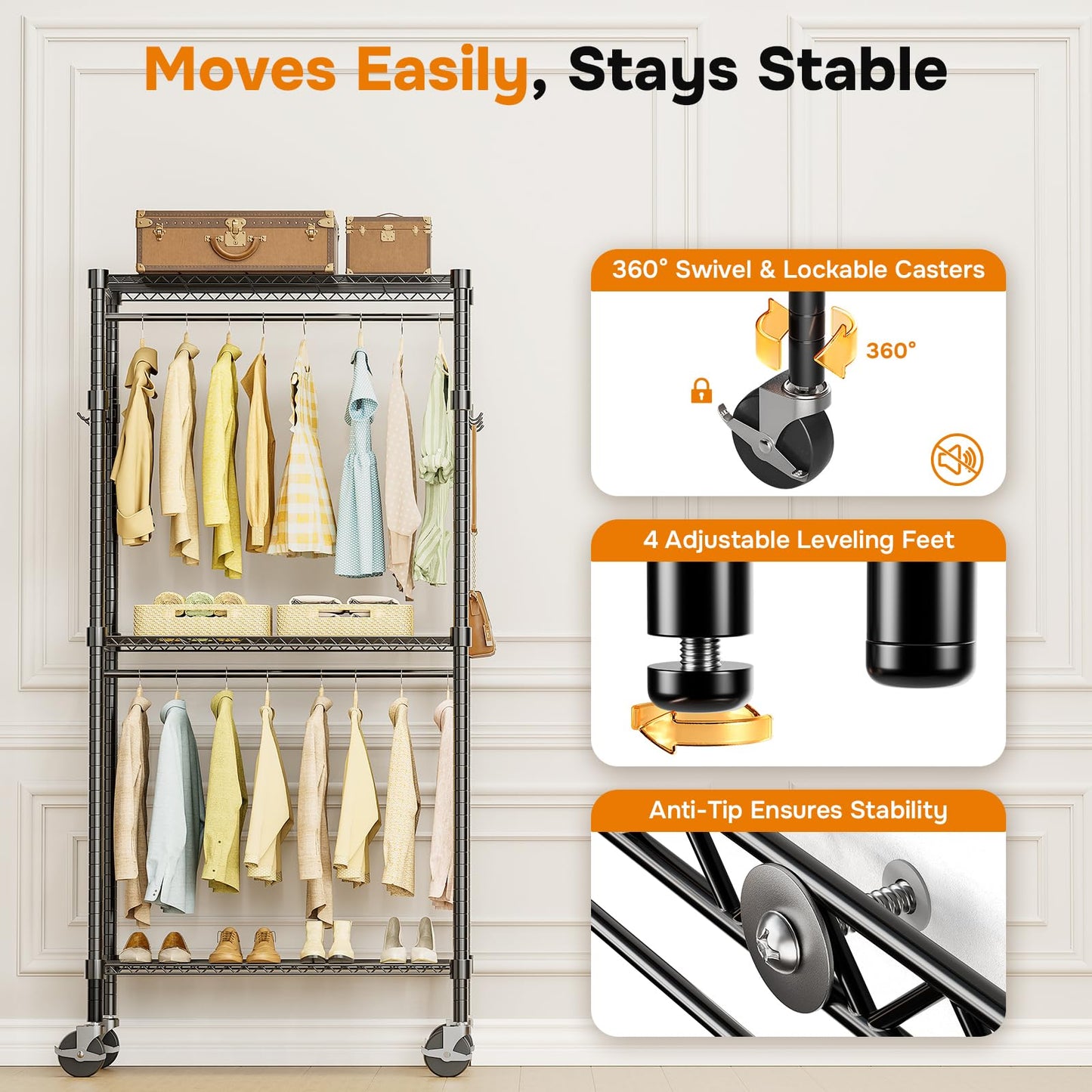 Simple Deluxe Rolling Clothes Rack, Heavy Duty Clothing Rack, 3-Shelf Portable Adjustable Wardrobe Closet with Wheels, Hanging Rods & Side Hooks, 29.5" W x 15.7" D x 75.6" H, Black