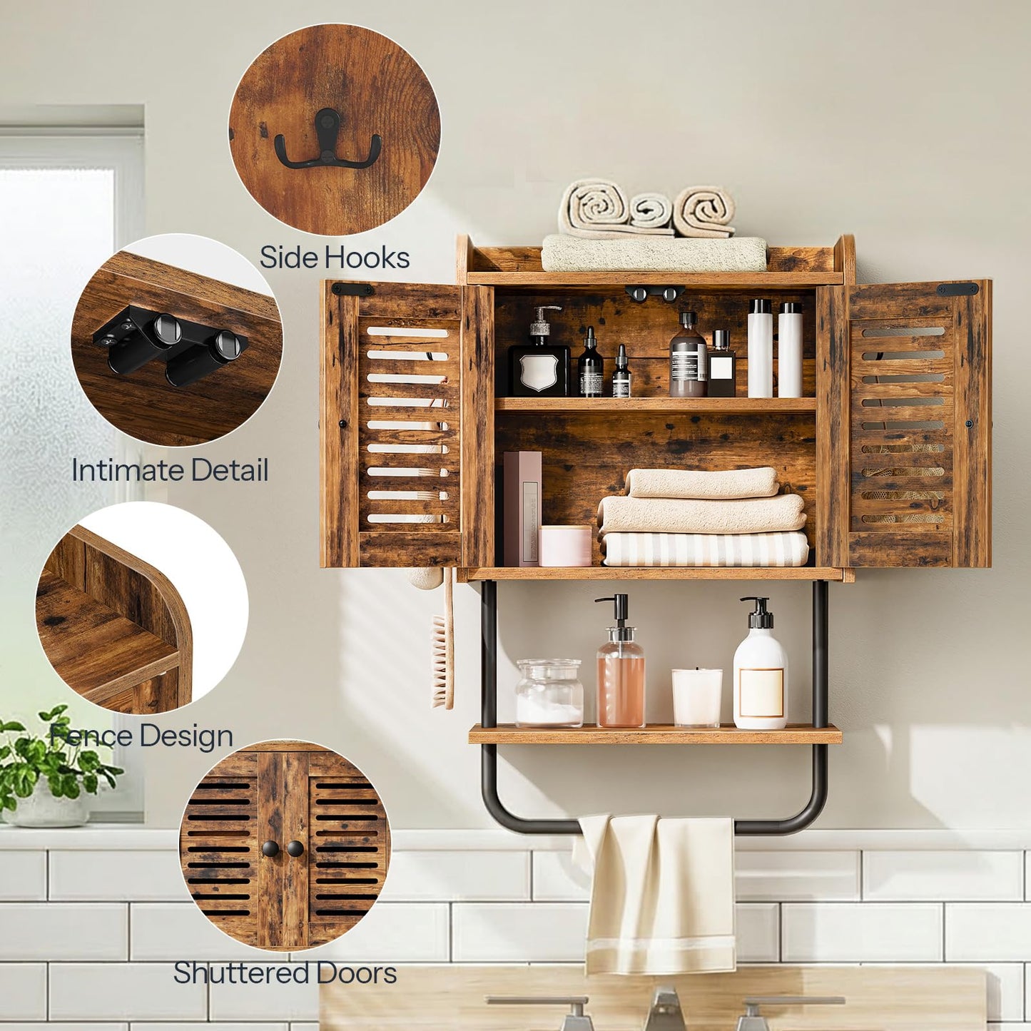 HOOBRO Bathroom Wall Cabinet, Double Doors Medicine Cabinet with Towel Bar, Adjustable Shelf, 2 Hooks, Over The Toilet Storage Cabinet, for Bedroom, Kitchen, Rustic Brown BF46CW01