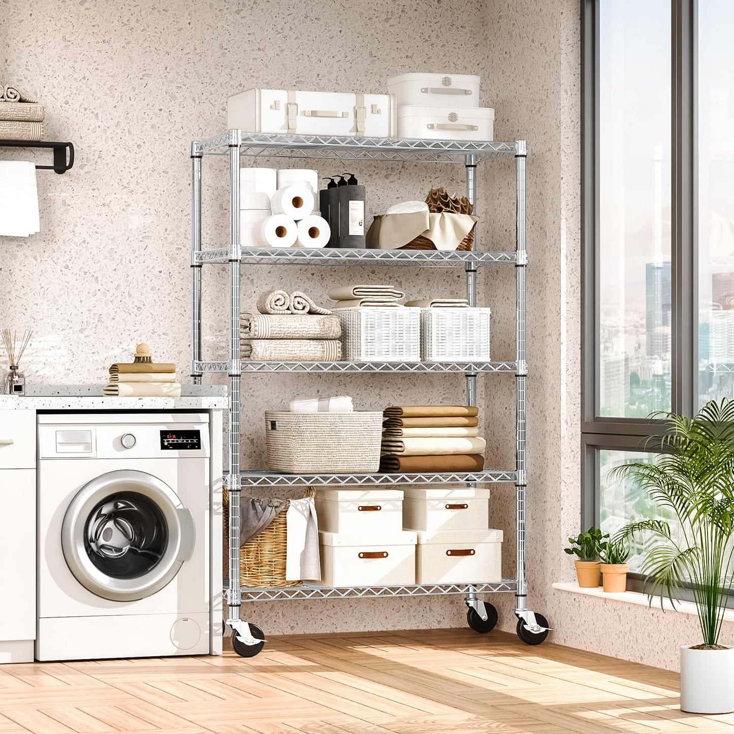 M MZG 5-Shelf Storage Shelves,Wire Shelving Heavy Duty Metal Storage Shelving Unit Adjustable Garage Shelving Rack Pantry Kitchen (Chrome, 5 Tier,17.7" D x 47.2" W x 76.7" H)